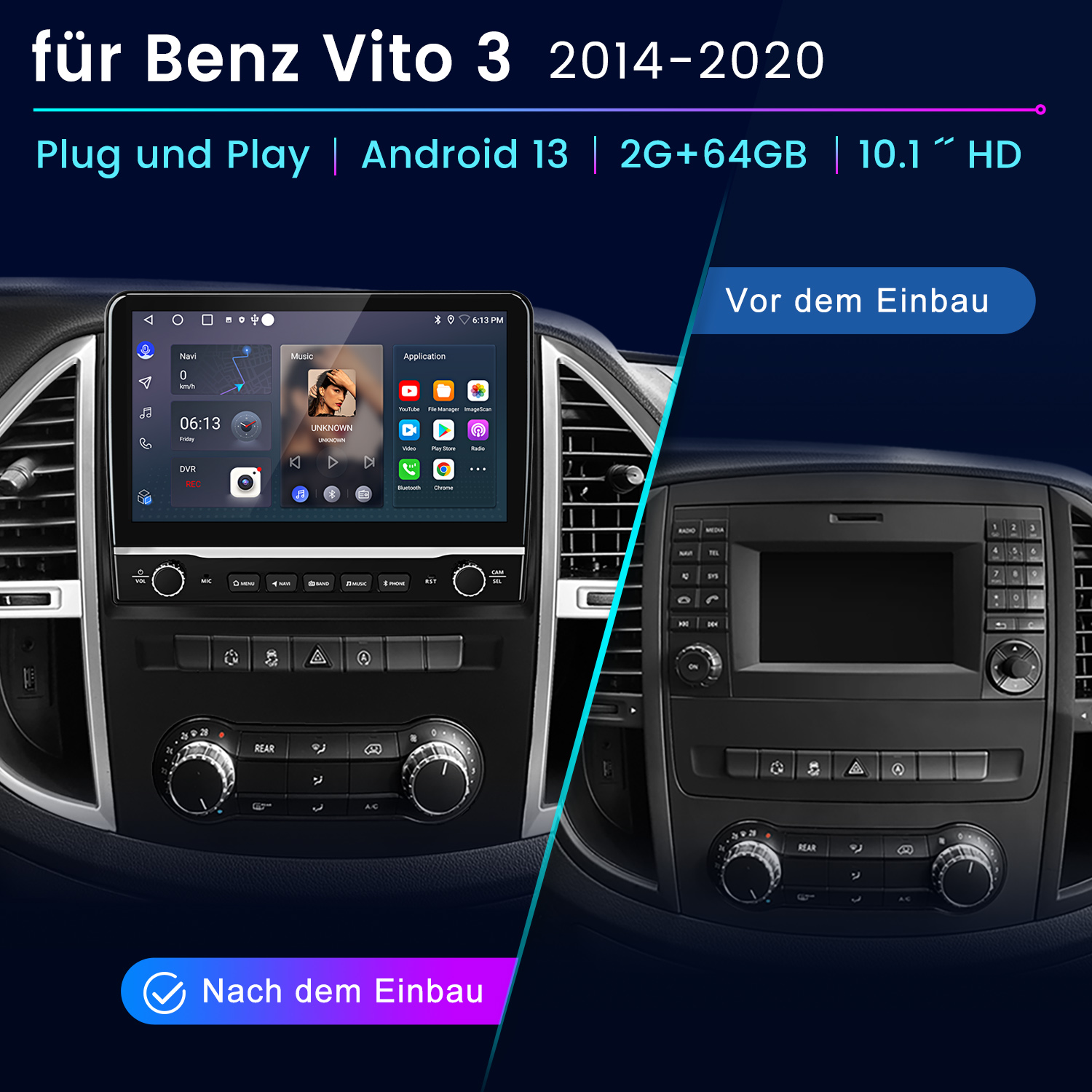 Vergleich des Einbaus eines Autoradios. Zeigt Vorher-Nachher-Bilder. Enthält einen Bildschirm mit Apps.