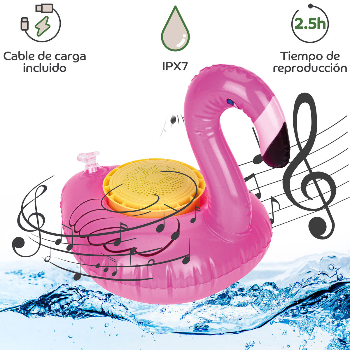 Altoparlante a forma di fenicottero rosa che galleggia nell'acqua. Altoparlante giallo al centro. Note musicali sovrapposte.
