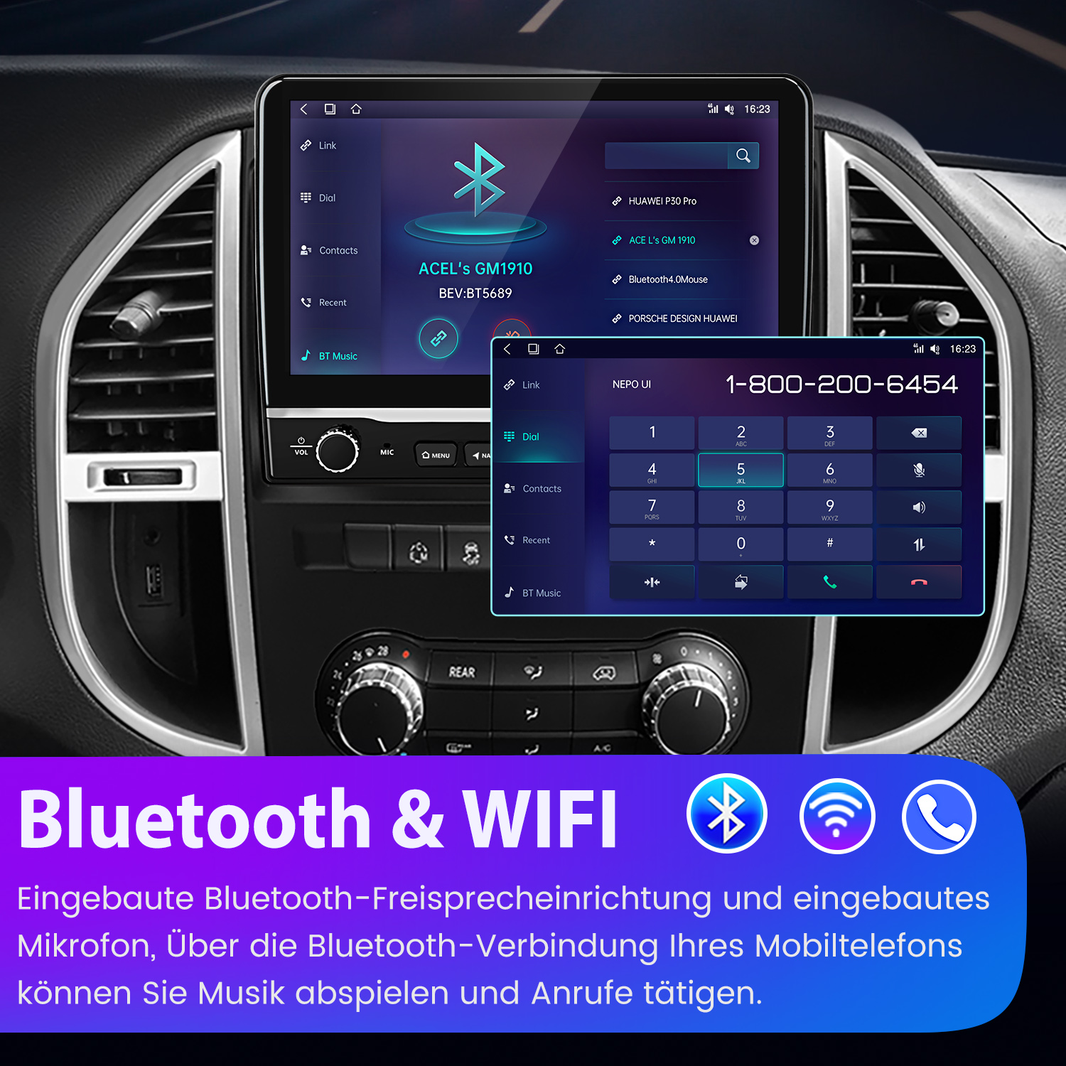 Auto-Infotainment-System, das Bluetooth- und WiFi-Optionen, Wählgerät und Geräteverbindungsdetails anzeigt.