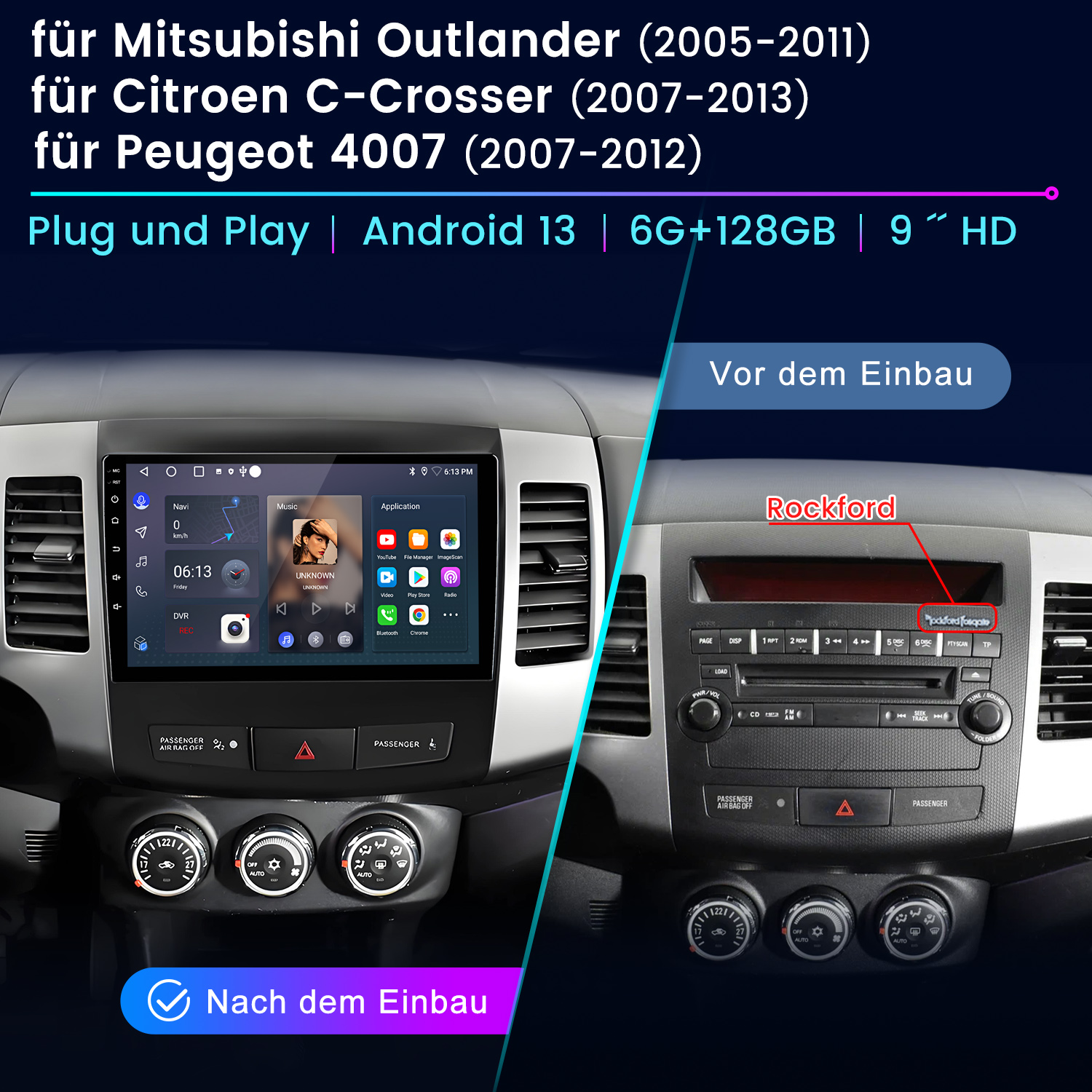 Vergleich des Armaturenbretts eines Autos vor und nach dem Einbau eines neuen Android-Systems. Navigation und Radio.