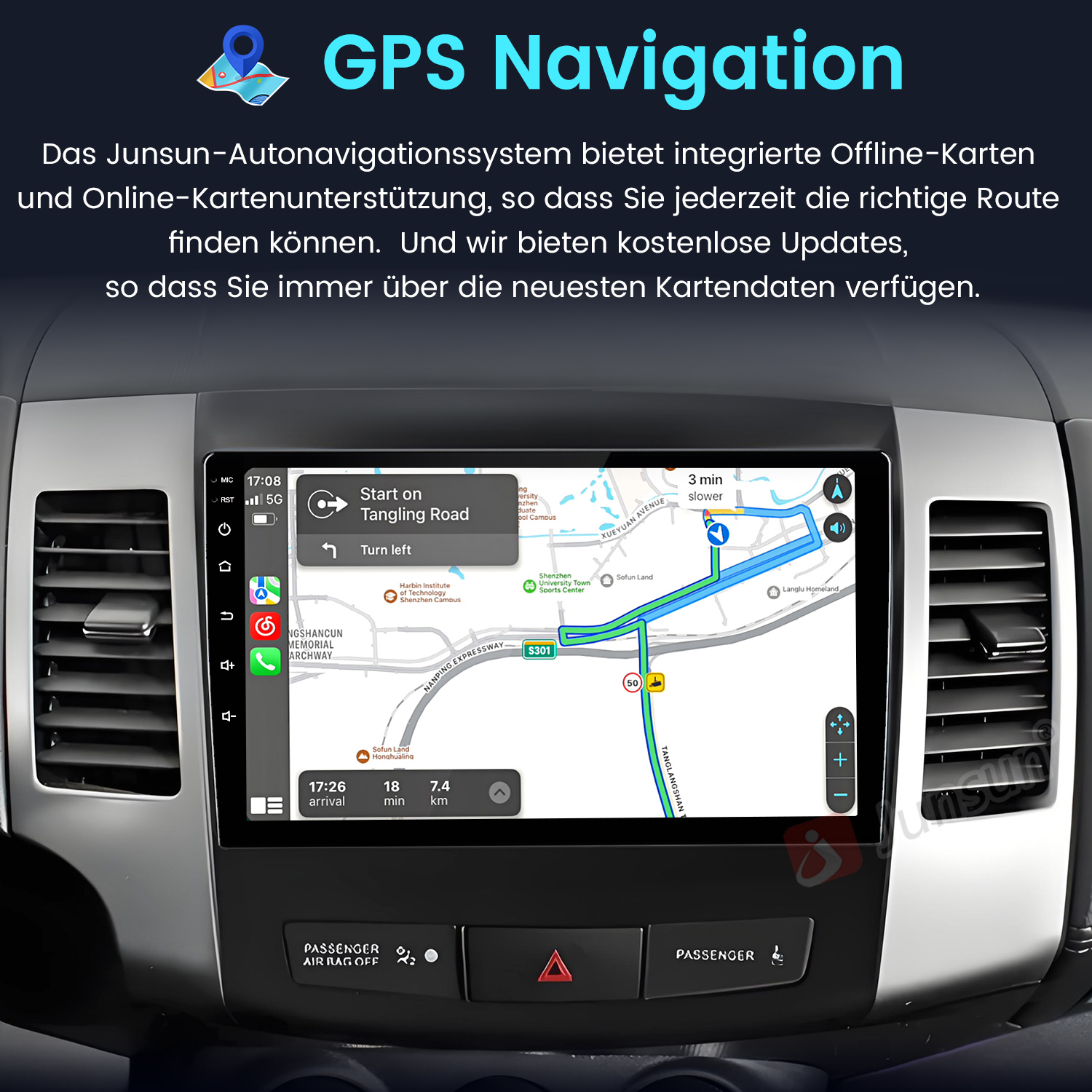 Auto-Navigationsbildschirm mit Karten und Routen. Der Bildschirm befindet sich im Armaturenbrett.