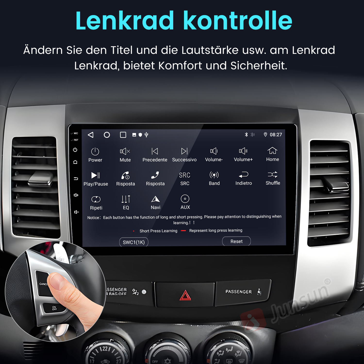 Autoradiobildschirm mit Knöpfen, eine Hand drückt eine Taste am Lenkrad und Text auf Deutsch.
