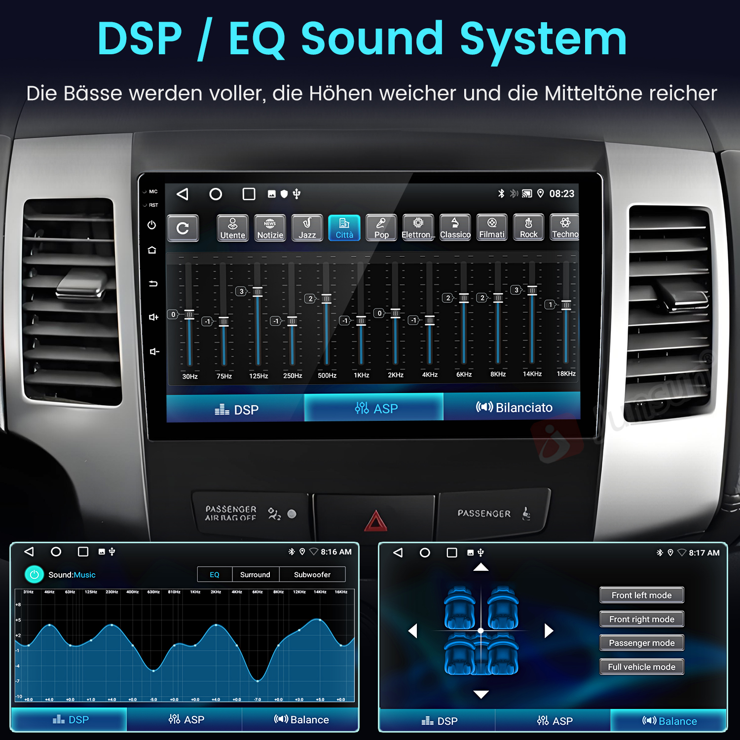Auto-Audiosystem-Oberfläche. Zeigt Equalizer-Einstellungen, Soundmodi und Balance-Regler. Bildschirm zeigt EQ und andere Steuerelemente.