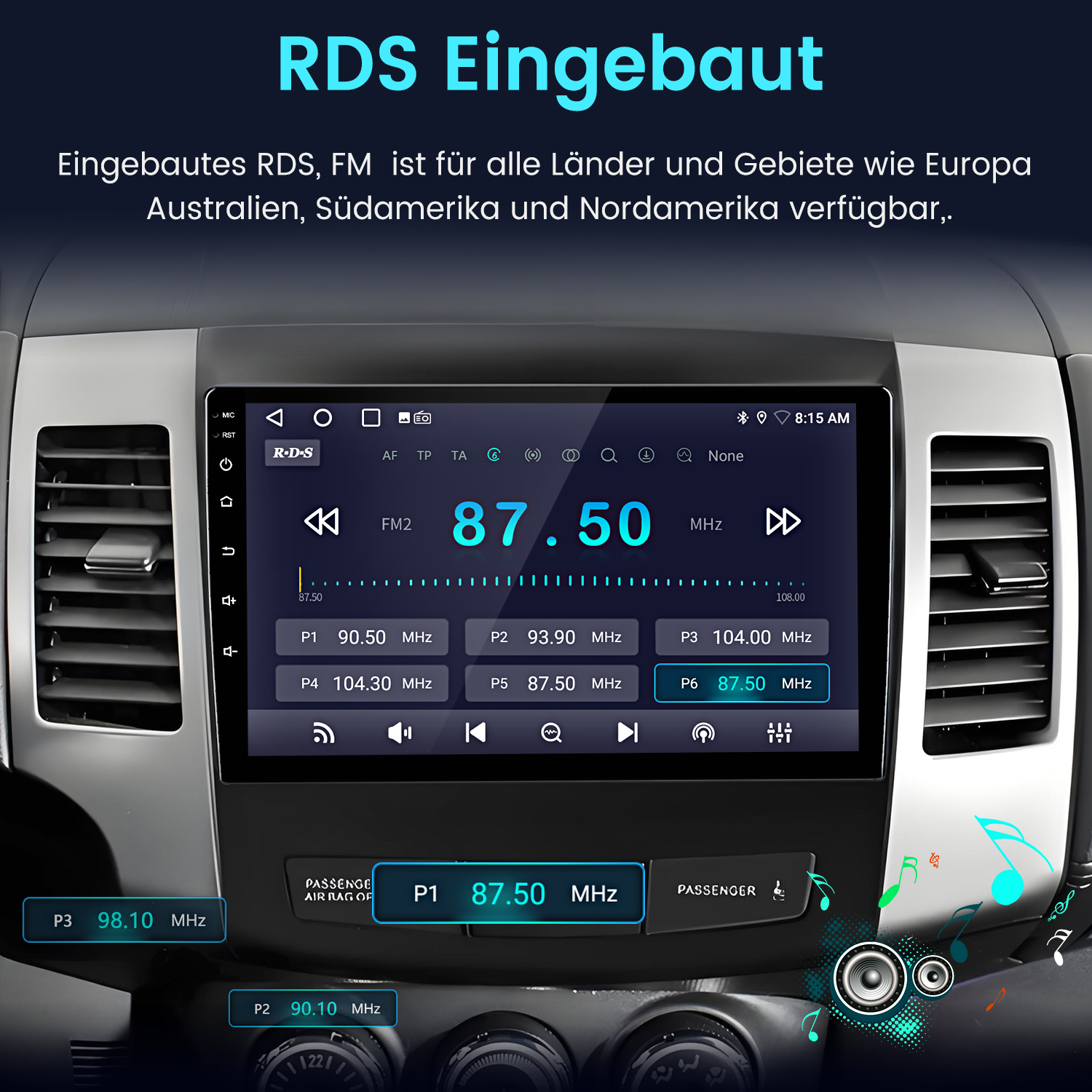 Autoradio-Bildschirm zeigt UKW-Radio-Informationen an. Zeigt die Frequenz 87,50 MHz, RDS und andere Radioeinstellungen. Das Auto ist sichtbar.