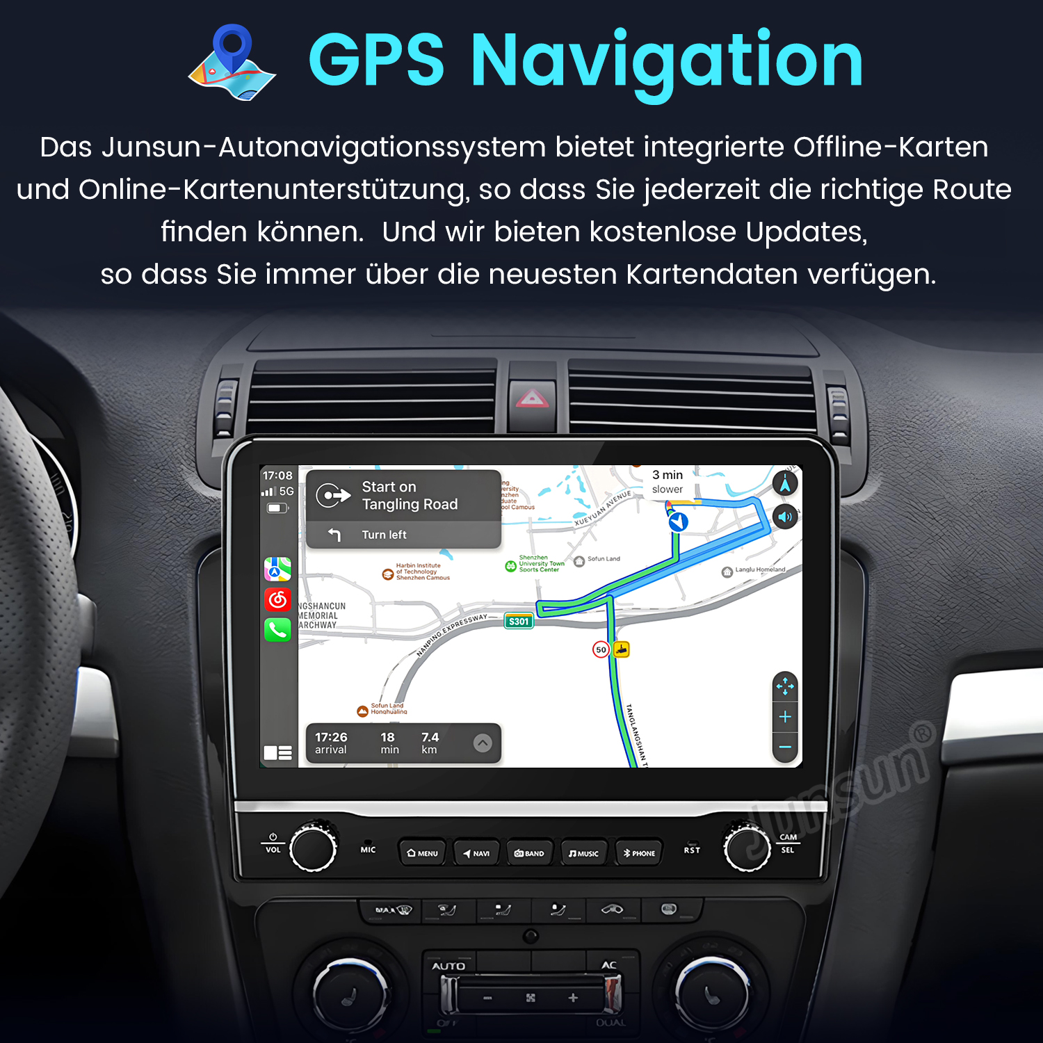 Deska rozdzielcza samochodu z nawigacją GPS. Wyświetlana mapa z instrukcjami. Widoczny czas, przyjazd i dystans.