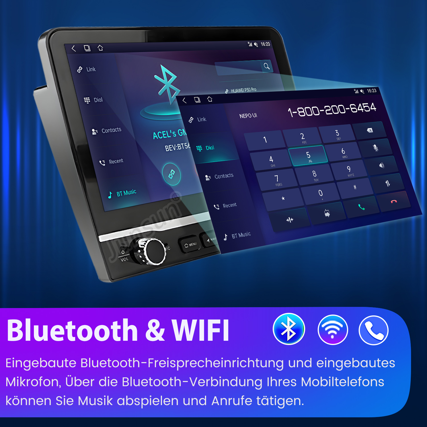 System multimedialny samochodu wyświetla dialer, ikonę Bluetooth i numer telefonu na ekranie.