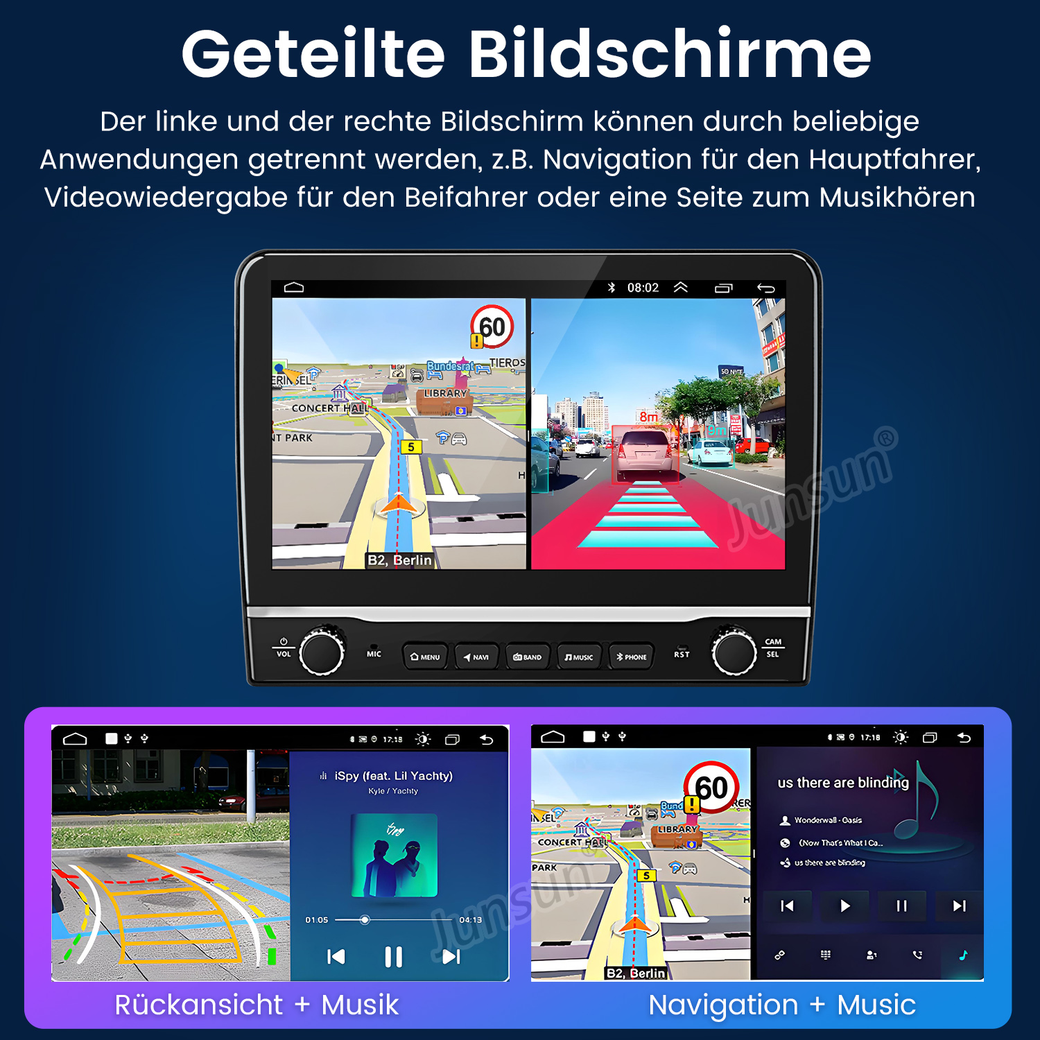 Auto-Multimedia-System mit Navigation und Musik. Zeigt zwei Bildschirme an: Navigation und Musik oder Rückansicht und Musik.