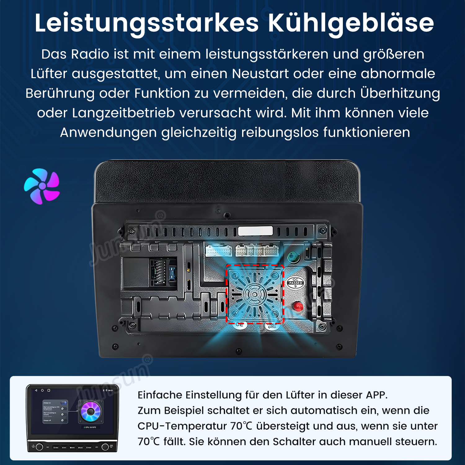 Autoradiokomponente mit Lüfter. Text erklärt Funktion und automatische Temperaturregelung.