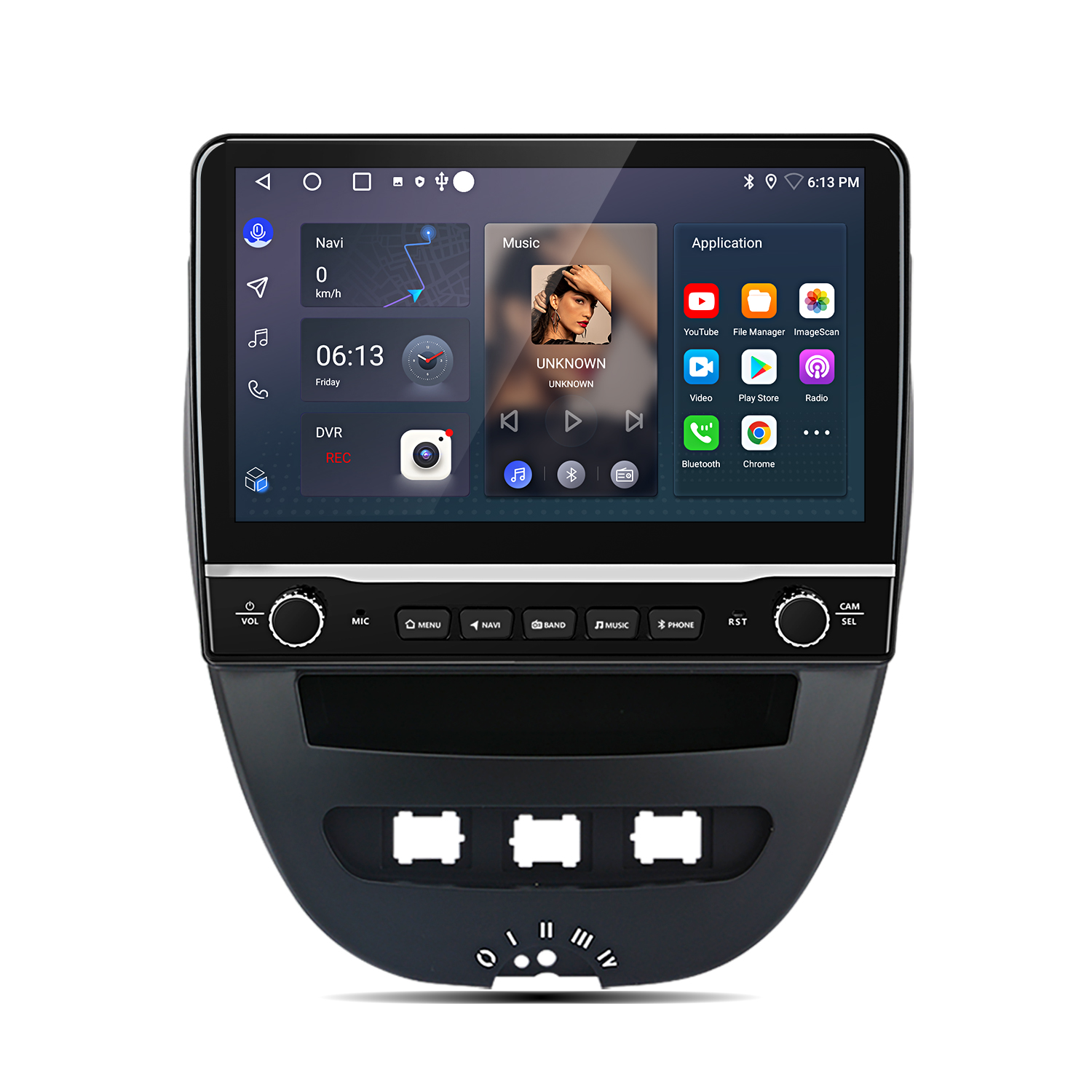 Auto-Multimedia-System mit Touchscreen, der Navigation, Musik und Anwendungssymbole anzeigt. Der Bildschirm zeigt Uhrzeit und DVR-Funktionen.