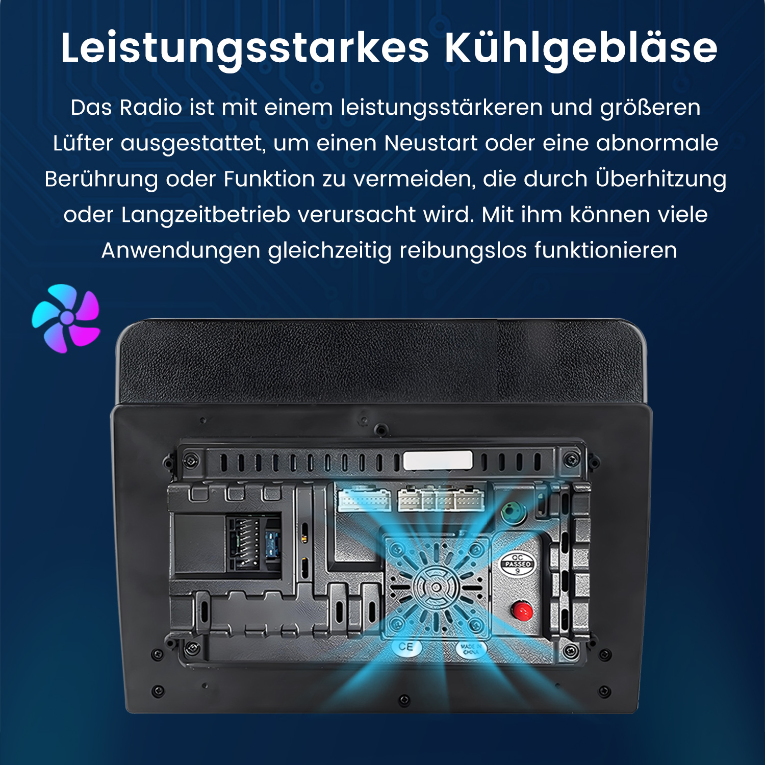 Nahaufnahme der Rückseite eines schwarzen Radios mit Kühlgebläse. Text auf Deutsch beschreibt die Merkmale des Lüfters.