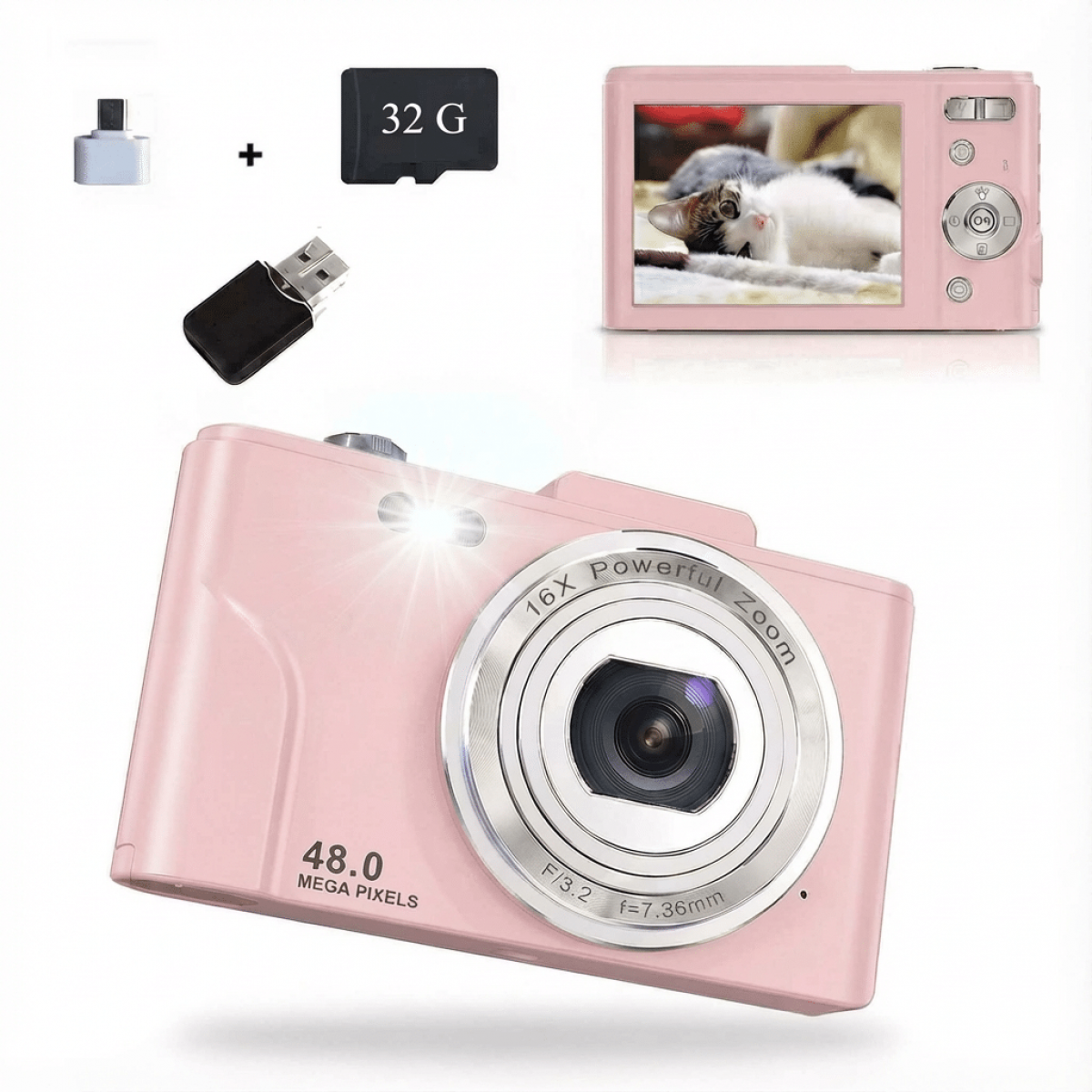 Rosa Digitalkamera mit Zubehör: 32G Speicherkarte, USB-Adapter und Kamera mit Katzenbild.