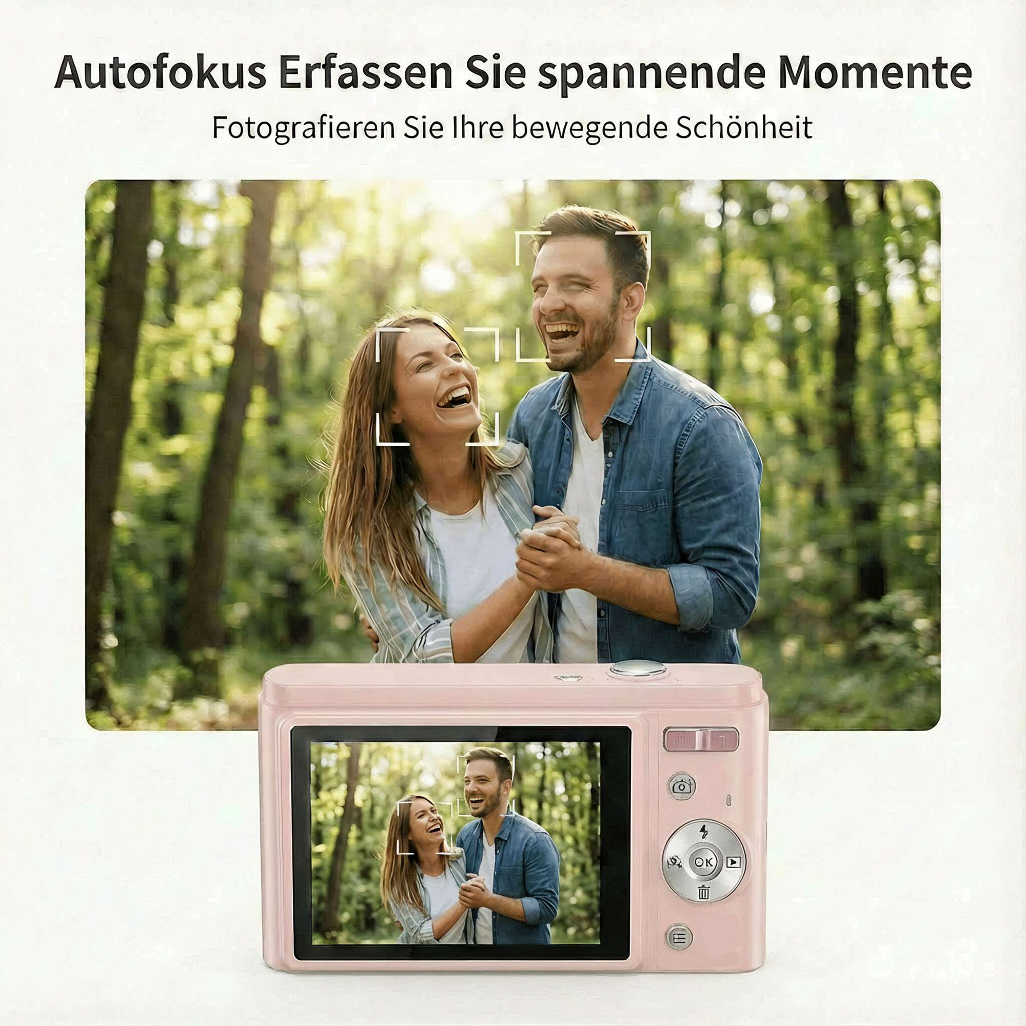 Eine rosa Kamera mit einem lachenden Paar auf dem Display. Sie lachen im Hintergrund. Grüne Bäume sind dahinter.