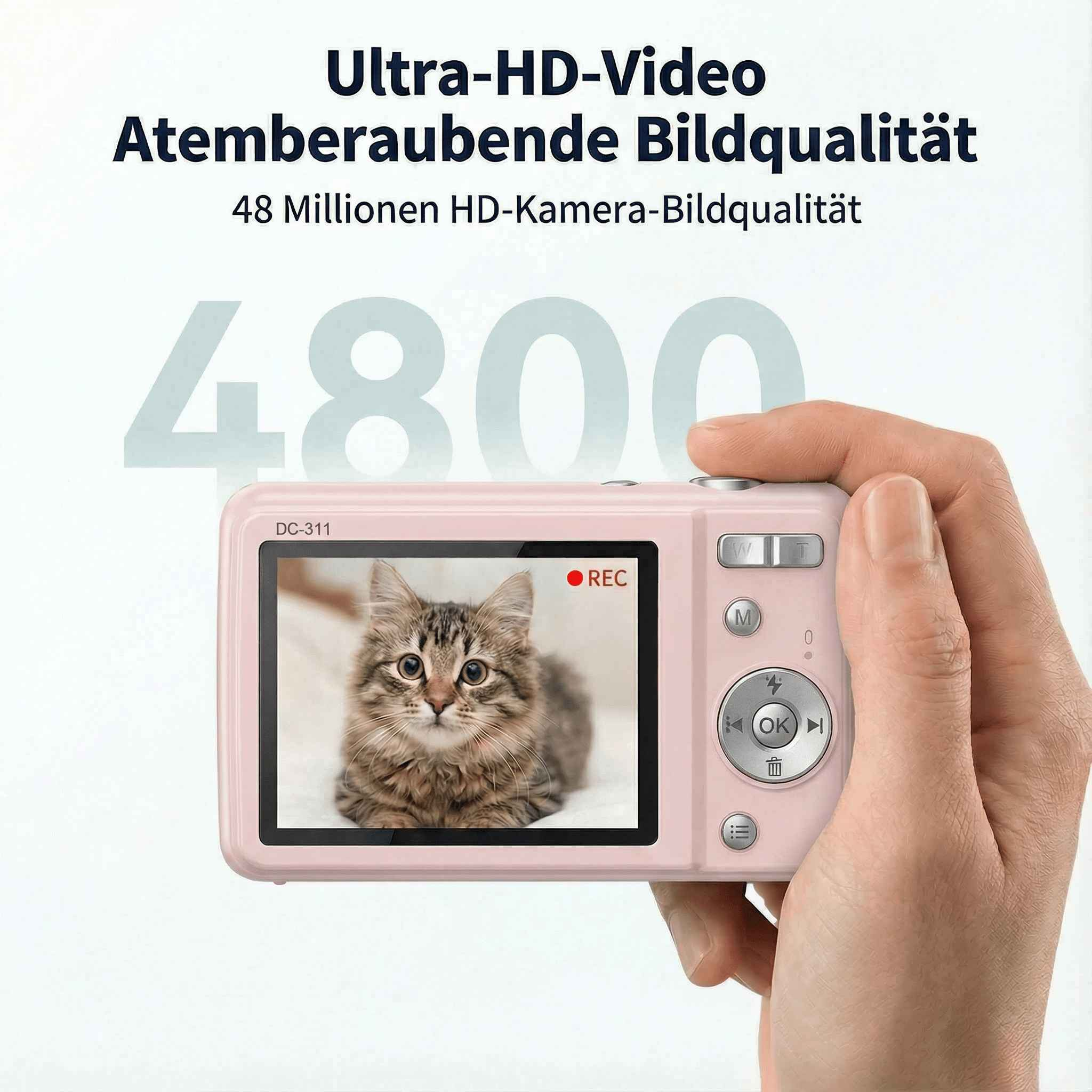 Eine rosa Kamera zeigt ein Katzenfoto. Eine Hand hält die Kamera. Text darüber lautet 'Ultra-HD-Video'.