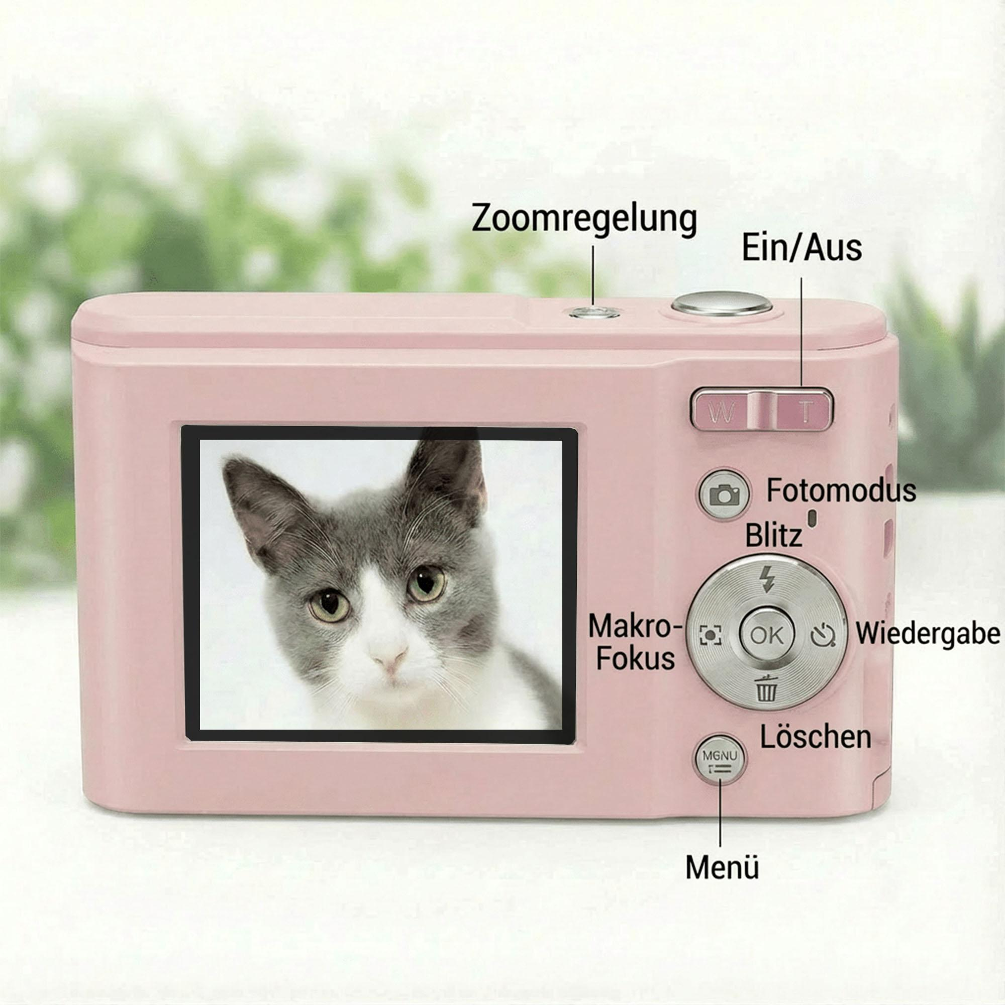 Eine rosa Digitalkamera zeigt ein Katzenfoto an. Tasten sind Zoom, Ein/Aus und Fotomodus. Der Hintergrund ist grün unscharf.
