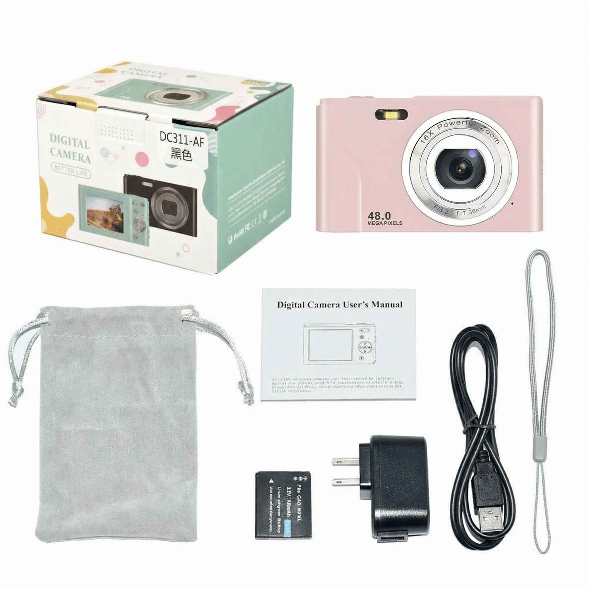Eine rosa Digitalkamera mit Zubehör, darunter eine Box, ein Beutel, ein Ladegerät und ein Handbuch, sind auf Weiß angeordnet.