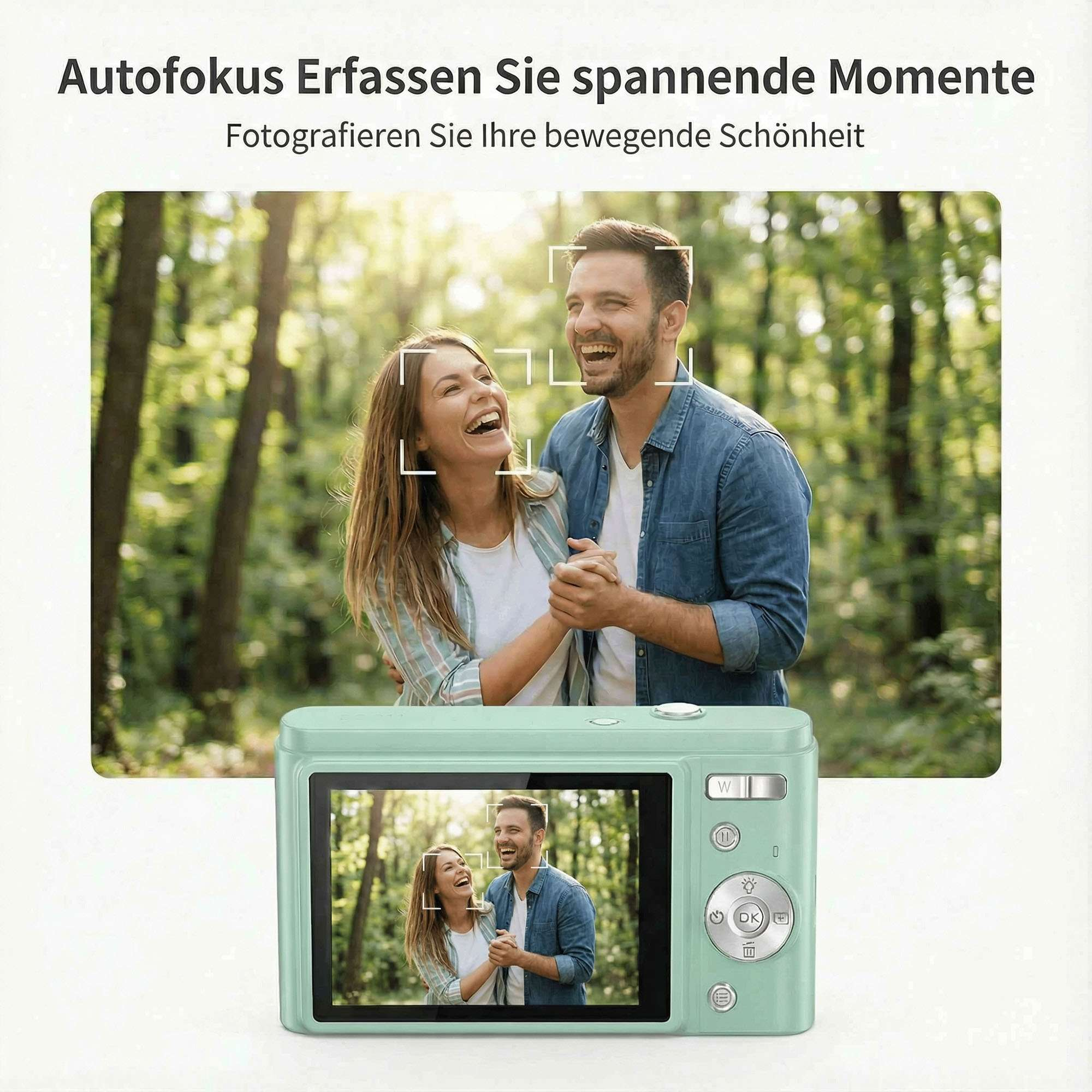 Ein lachendes Paar im Wald. Eine Kamera zeigt ihr Foto. Das Bild wirbt für Autofokus und das Festhalten von Momenten.