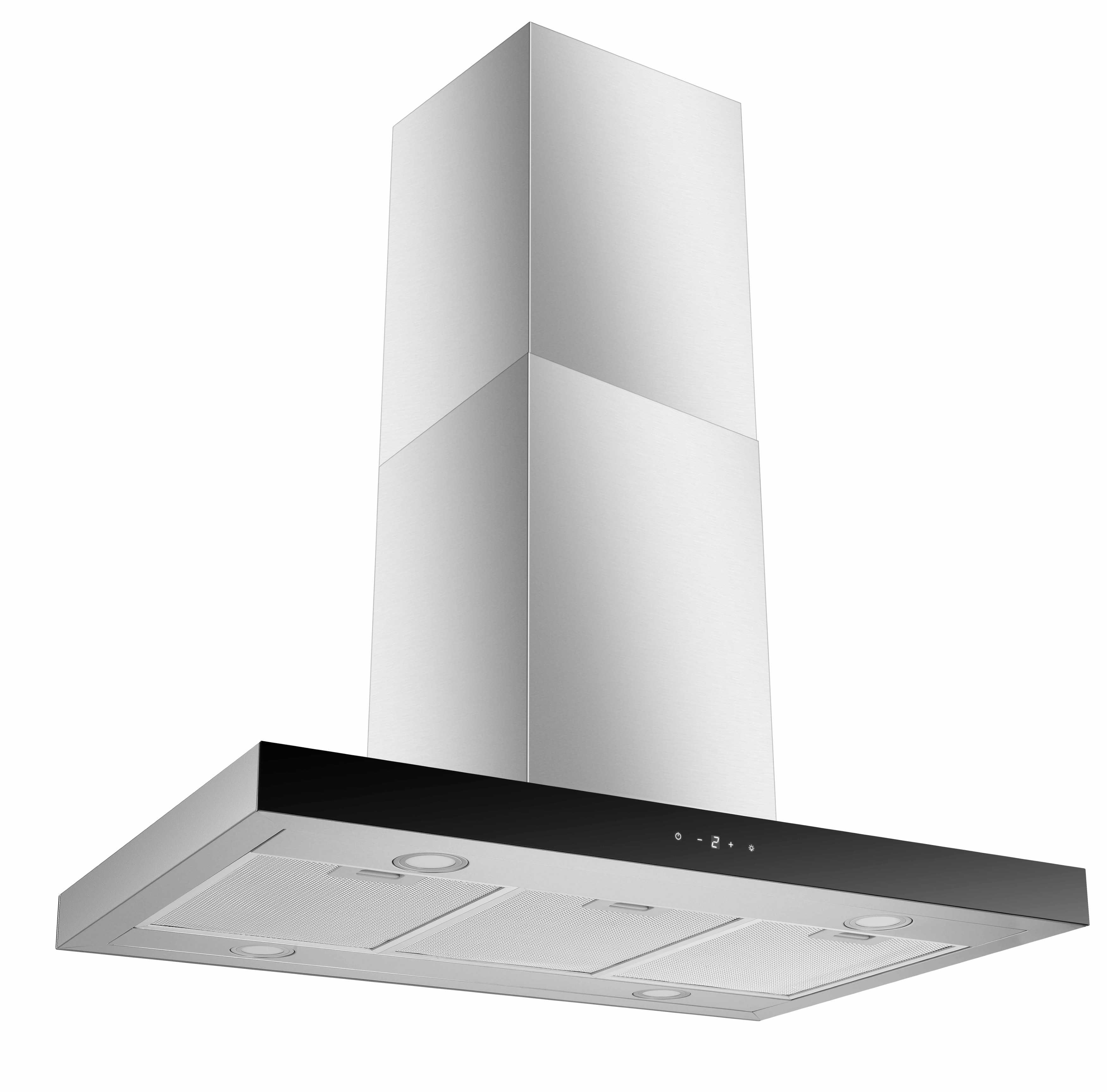 Eine moderne Dunstabzugshaube aus Edelstahl. Sie hat ein schwarzes Bedienfeld. Das Design ist schlank und minimalistisch.