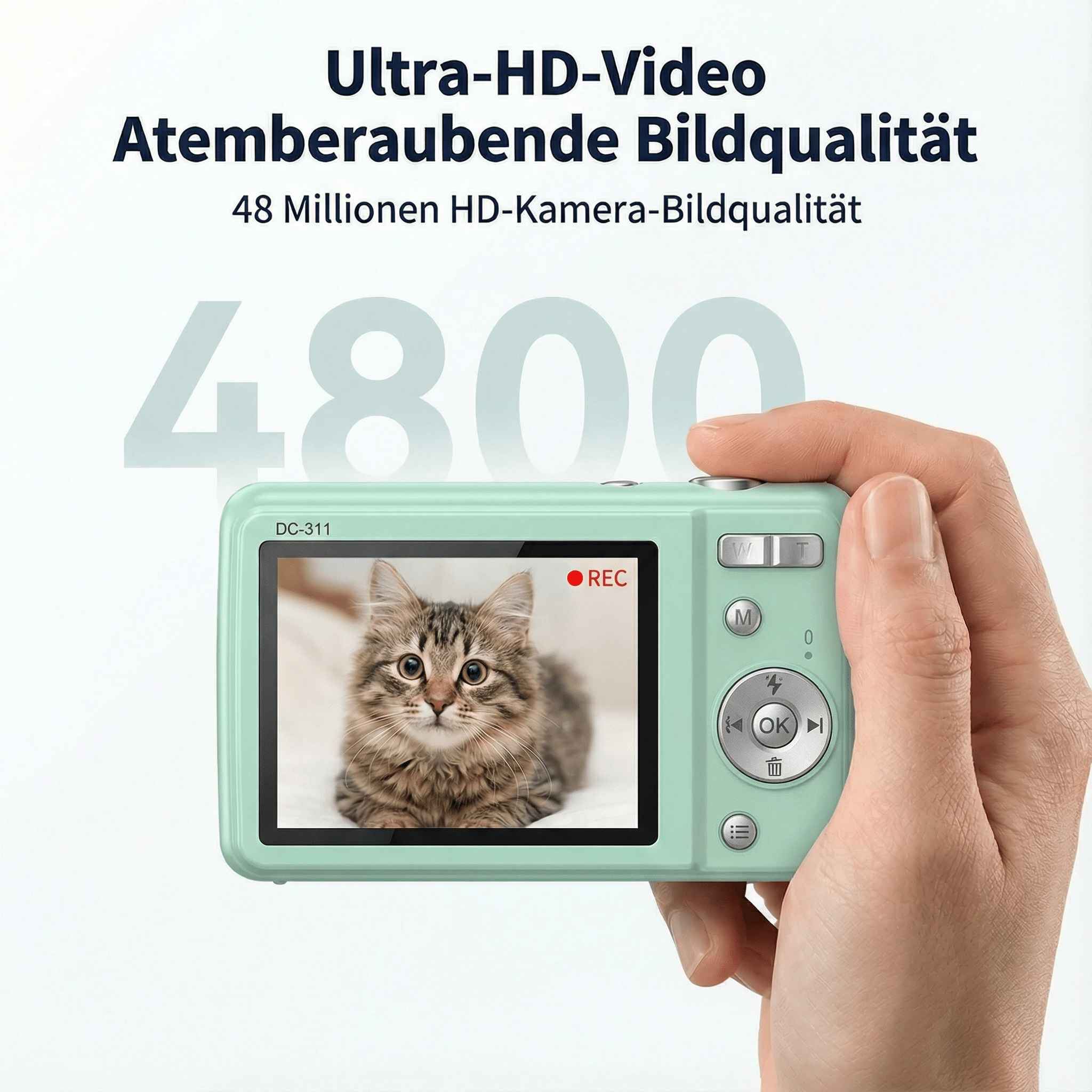 Eine Hand hält eine mintfarbene Kamera, die ein Katzenbild zeigt. Text oben sagt 'Ultra HD Video'.