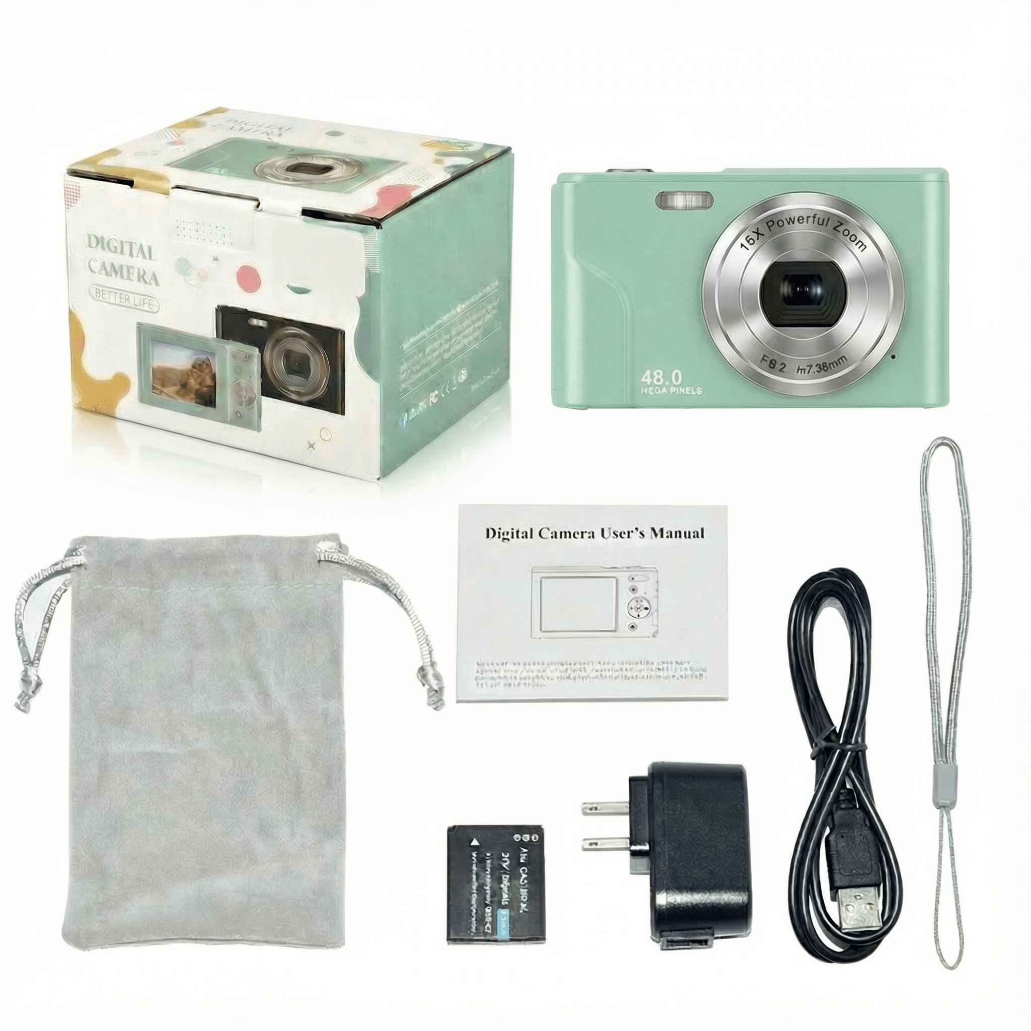 Eine mintfarbene Digitalkamera mit Zubehör: Box, Tasche, Handbuch, Ladegerät, Akku und Gurt. Die Kamera hat ein Zoomobjektiv.