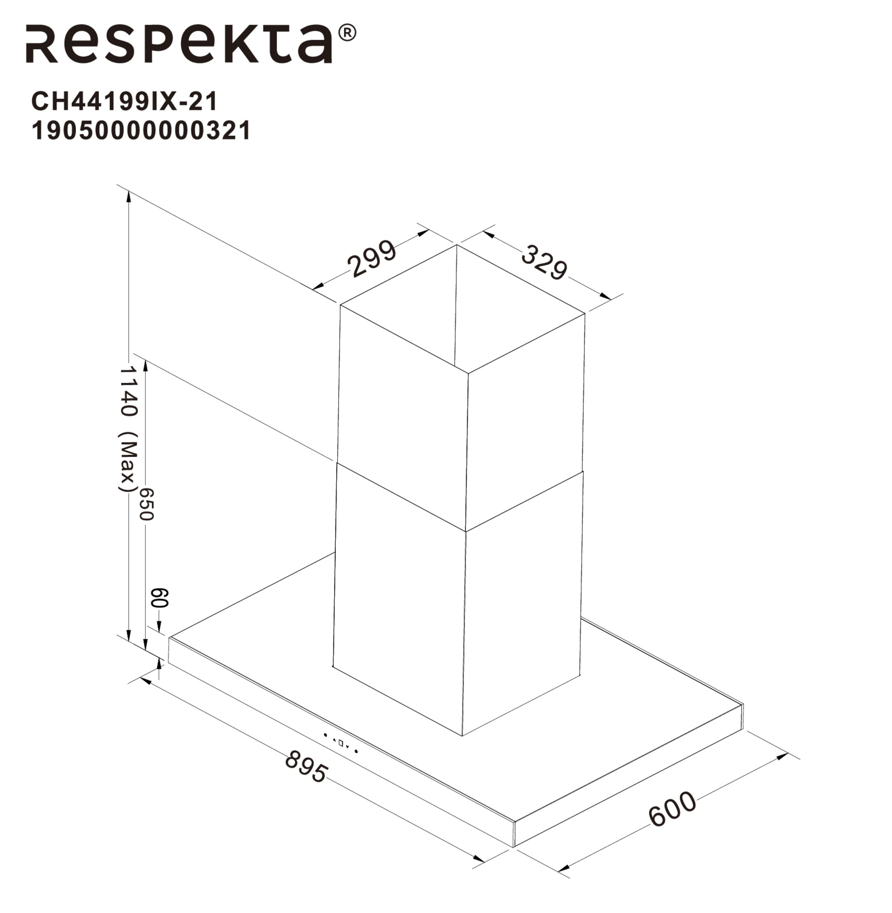 Diagramm einer Dunstabzugshaube mit Maßen und dem Respekta-Logo.
