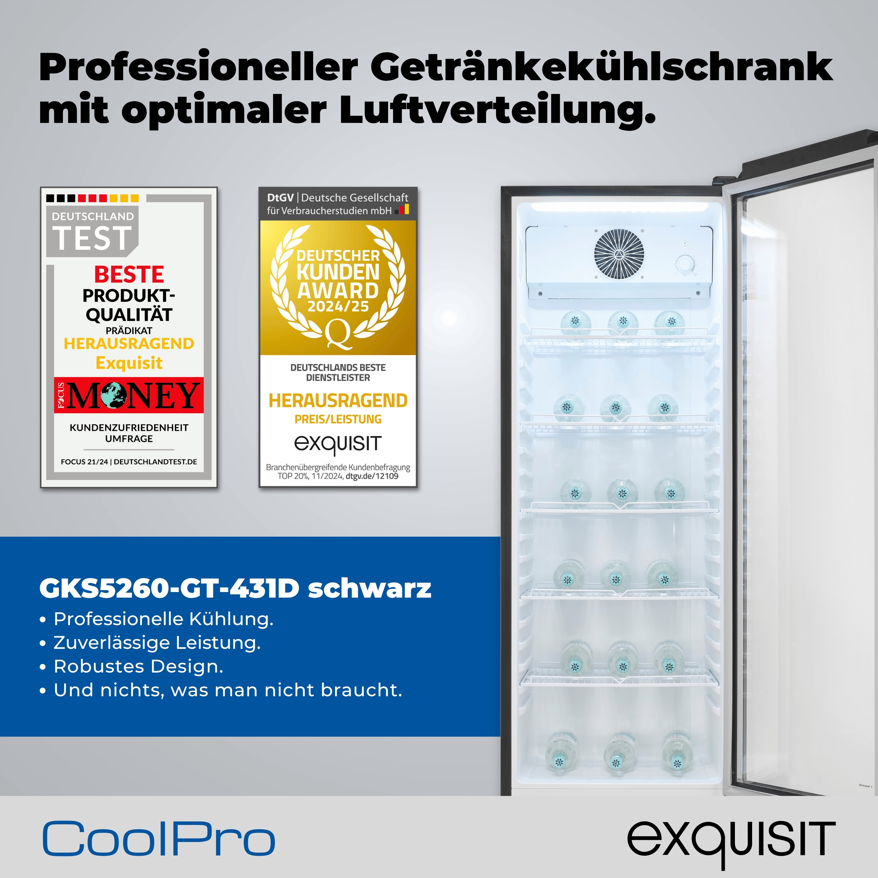 Ein Kühlschrank mit Auszeichnungen und Glas. Enthält Flaschen. Deutscher Text.