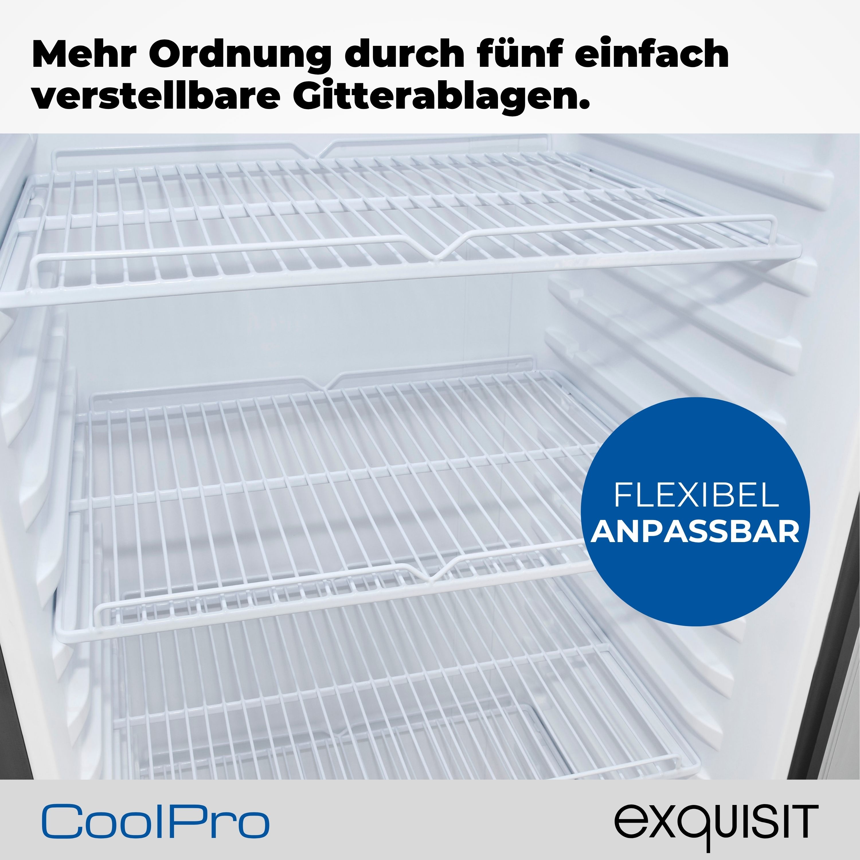Weißer Kühlschrankinnenraum mit drei Drahtregalen. Ein blauer Kreis sagt 'FLEXIBEL ANPASSBAR'.