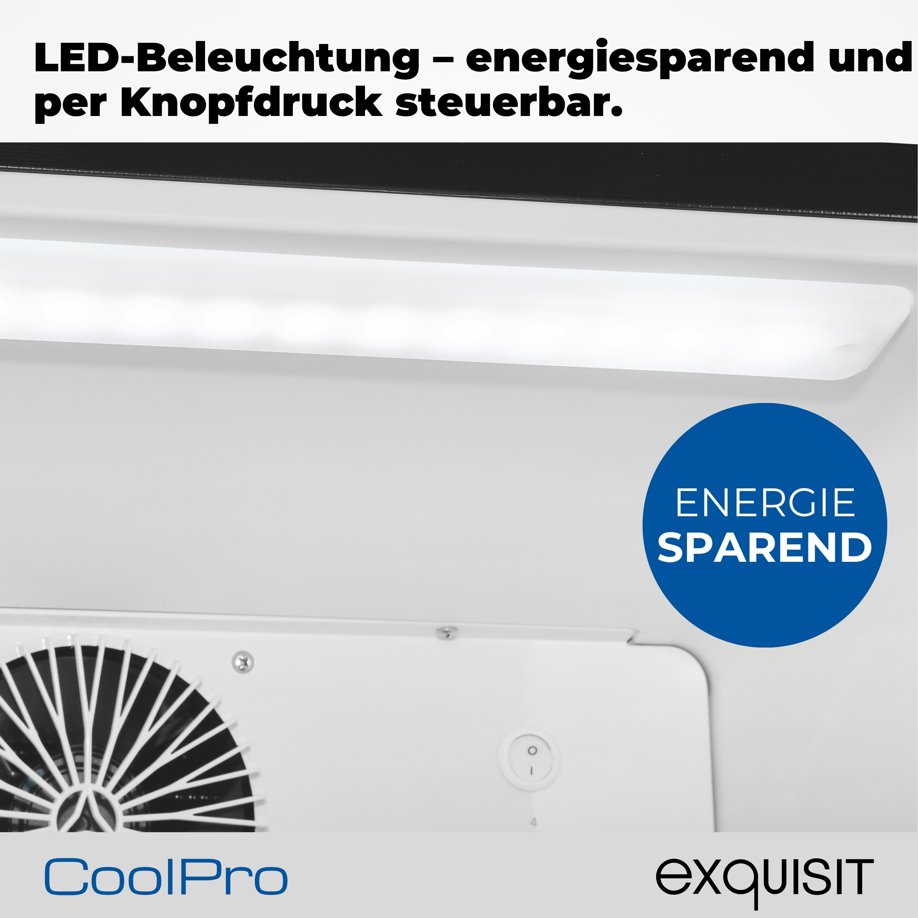 Nahaufnahme eines weißen Innenraums. Enthält LED-Leuchten, einen Ventilator, einen Schalter und einen blauen Kreis mit 'ENERGIE SPAREND'.