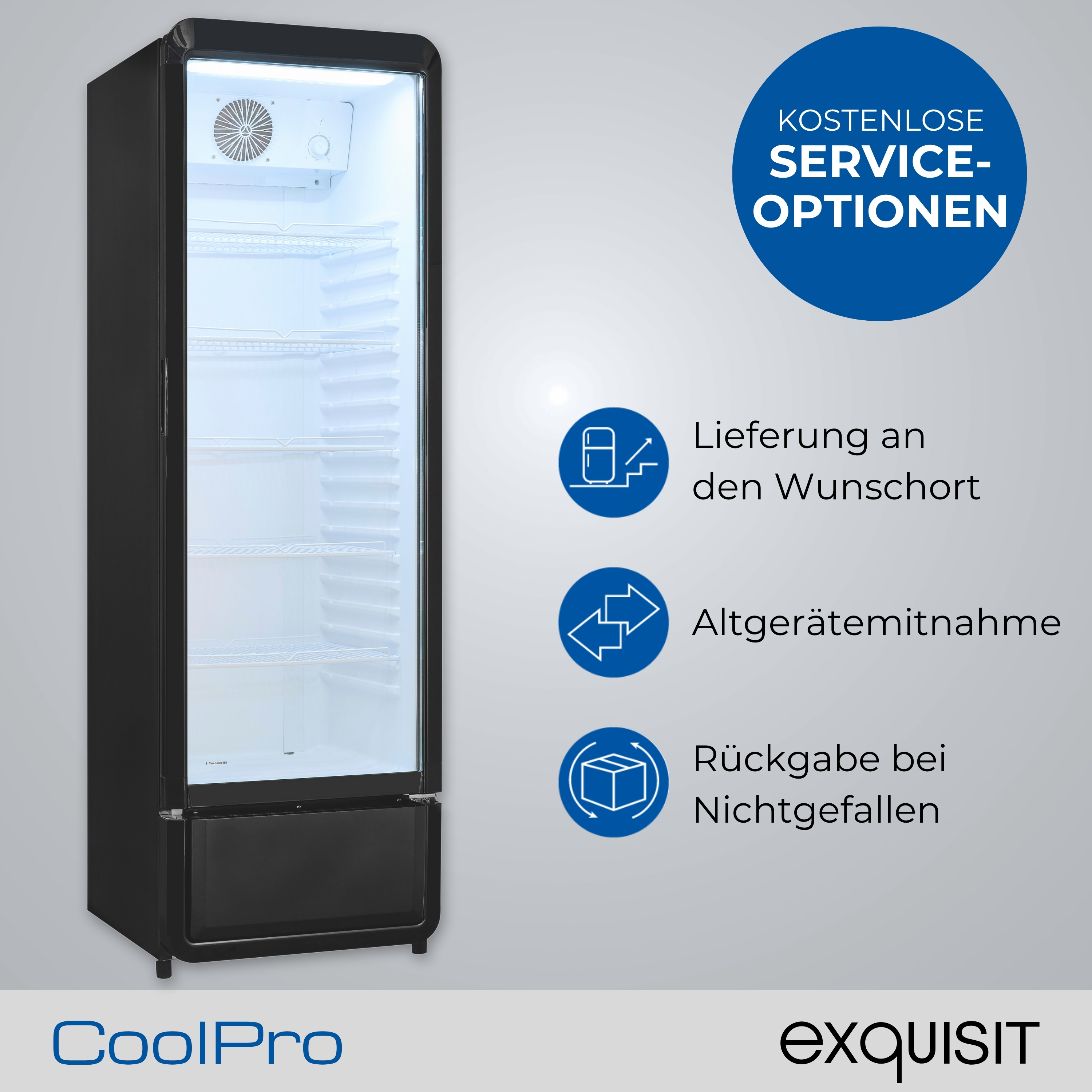 Ein schwarzer CoolPro-Display-Kühlschrank wird gezeigt. Er hat Glastüren und Serviceoptionen sind daneben aufgeführt.