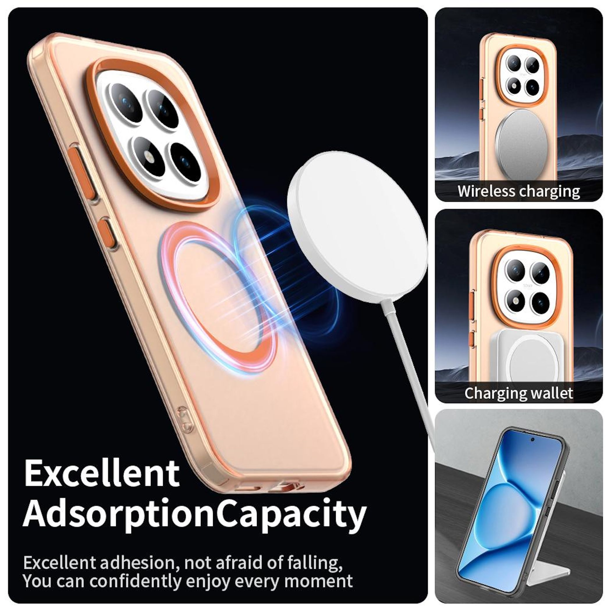 Una funda de teléfono con un cargador magnético, que demuestra la carga inalámbrica y las funciones de billetera, con el texto 'Excellent Adsorption Capacity'.