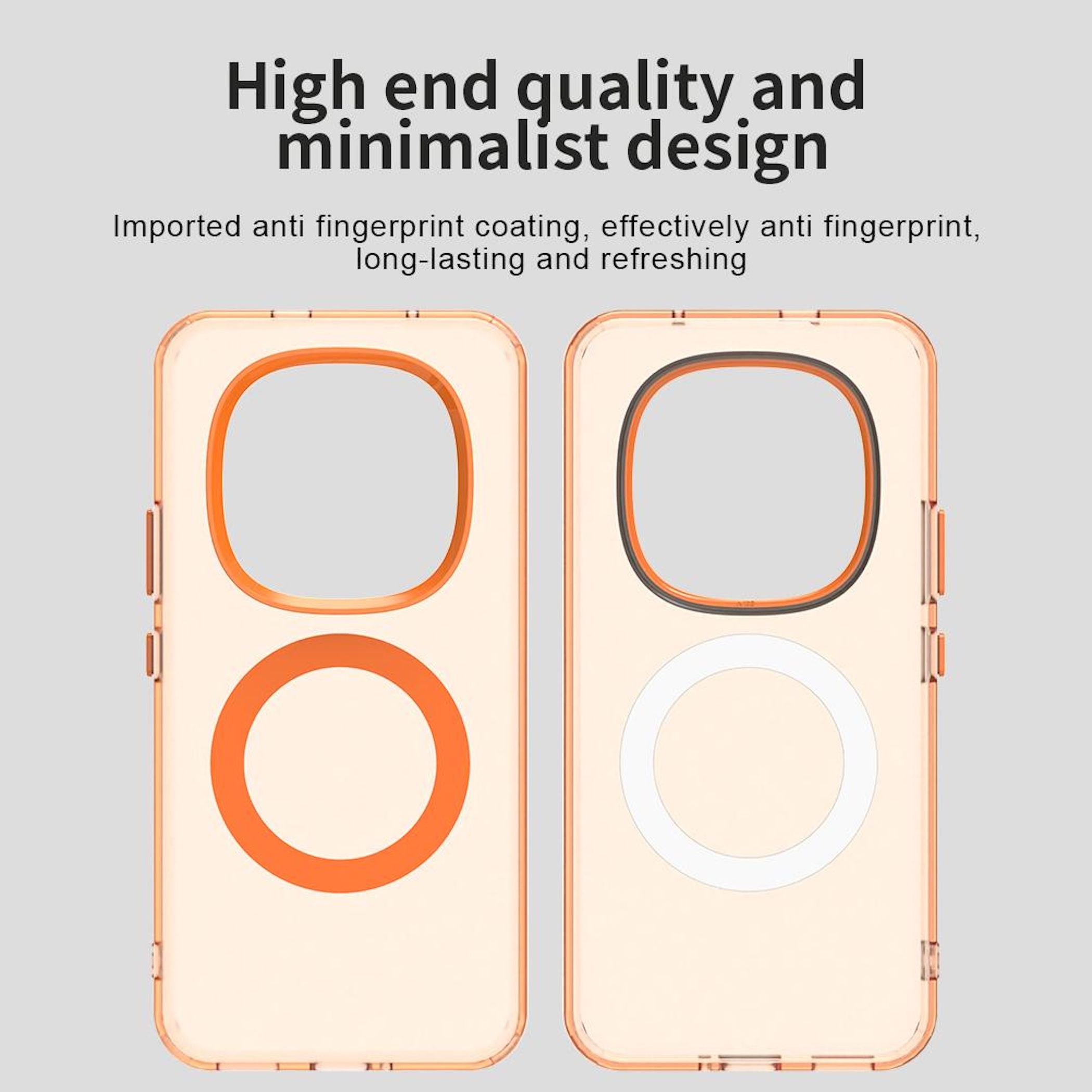 Dos fundas para teléfonos con detalles circulares naranjas y blancos sobre fondo claro. Texto superior: 'Alta calidad'.