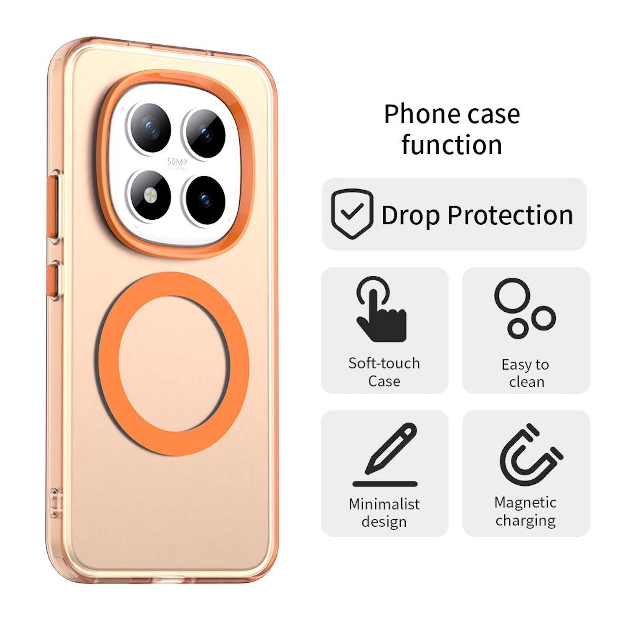 Una funda de teléfono con detalles en naranja. Características: protección contra caídas, tacto suave, fácil limpieza, diseño minimalista y carga magnética.