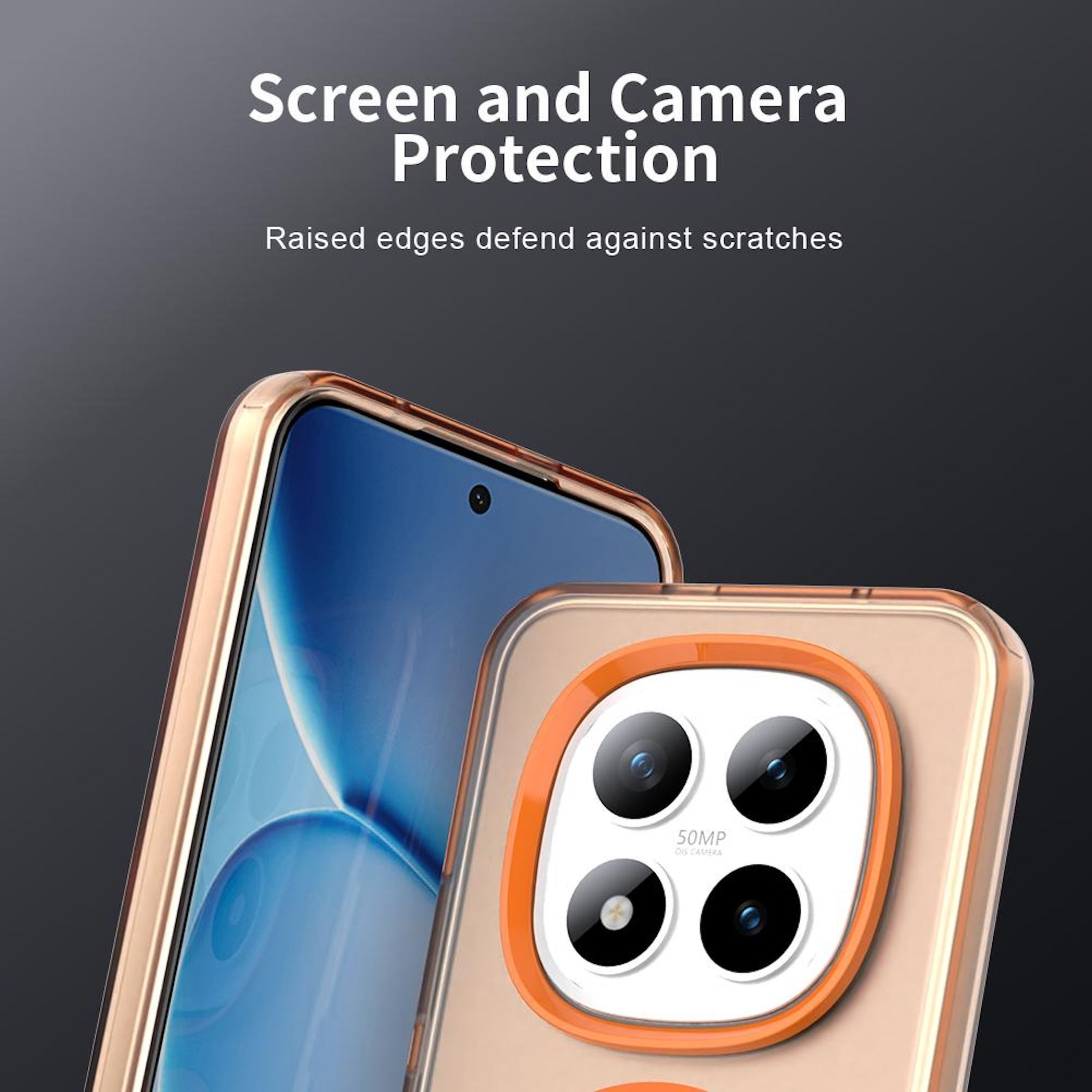 Fundas para teléfono con protección de cámara y pantalla. El fondo es gris oscuro.