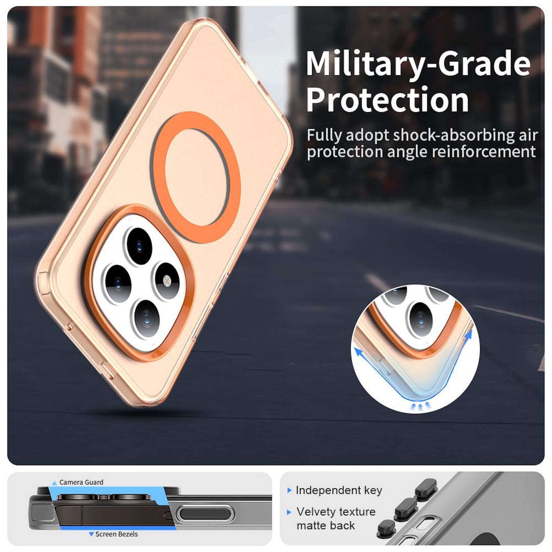 Funda transparente para teléfono con detalles en naranja. Incluye protector de cámara, biseles de pantalla y botones independientes. Parte trasera mate.