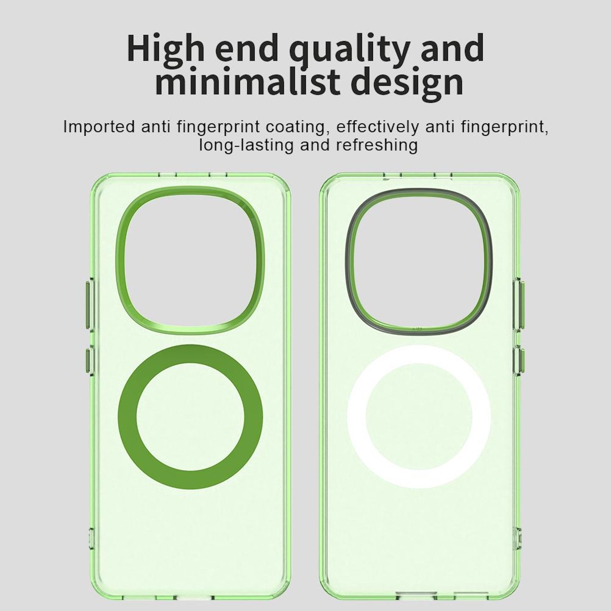 Dos fundas de teléfono con recortes circulares. Una es verde, la otra transparente. El texto superior dice 'High end quality'.