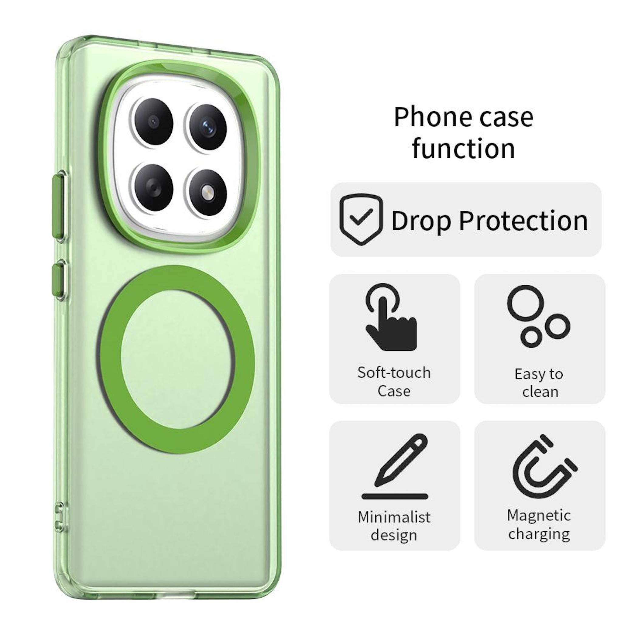Una funda para teléfono con marco verde. Características: protección contra caídas, tacto suave, fácil de limpiar, diseño minimalista y carga magnética.