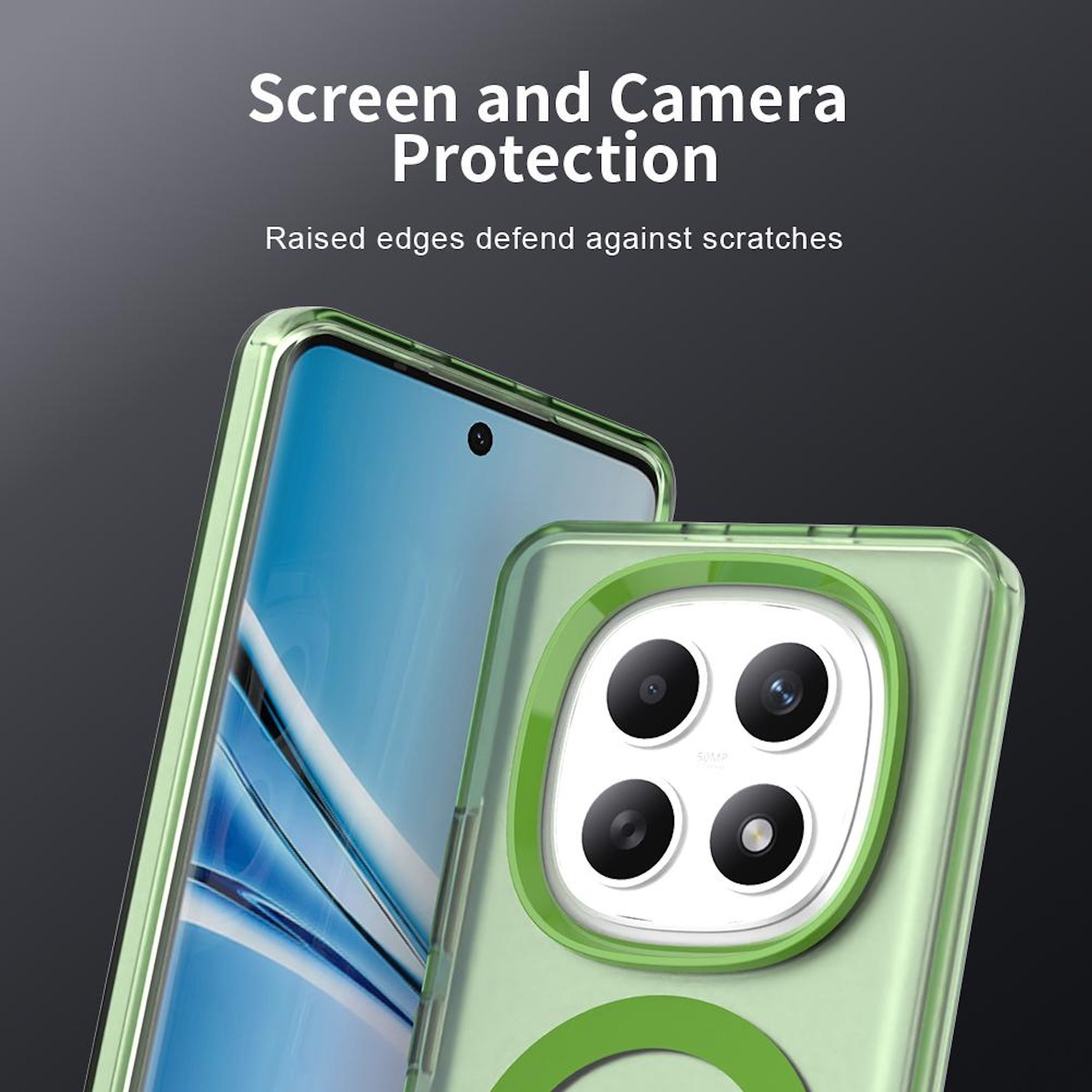 Un teléfono en una funda protectora verde. Texto arriba: Protección de pantalla y cámara.