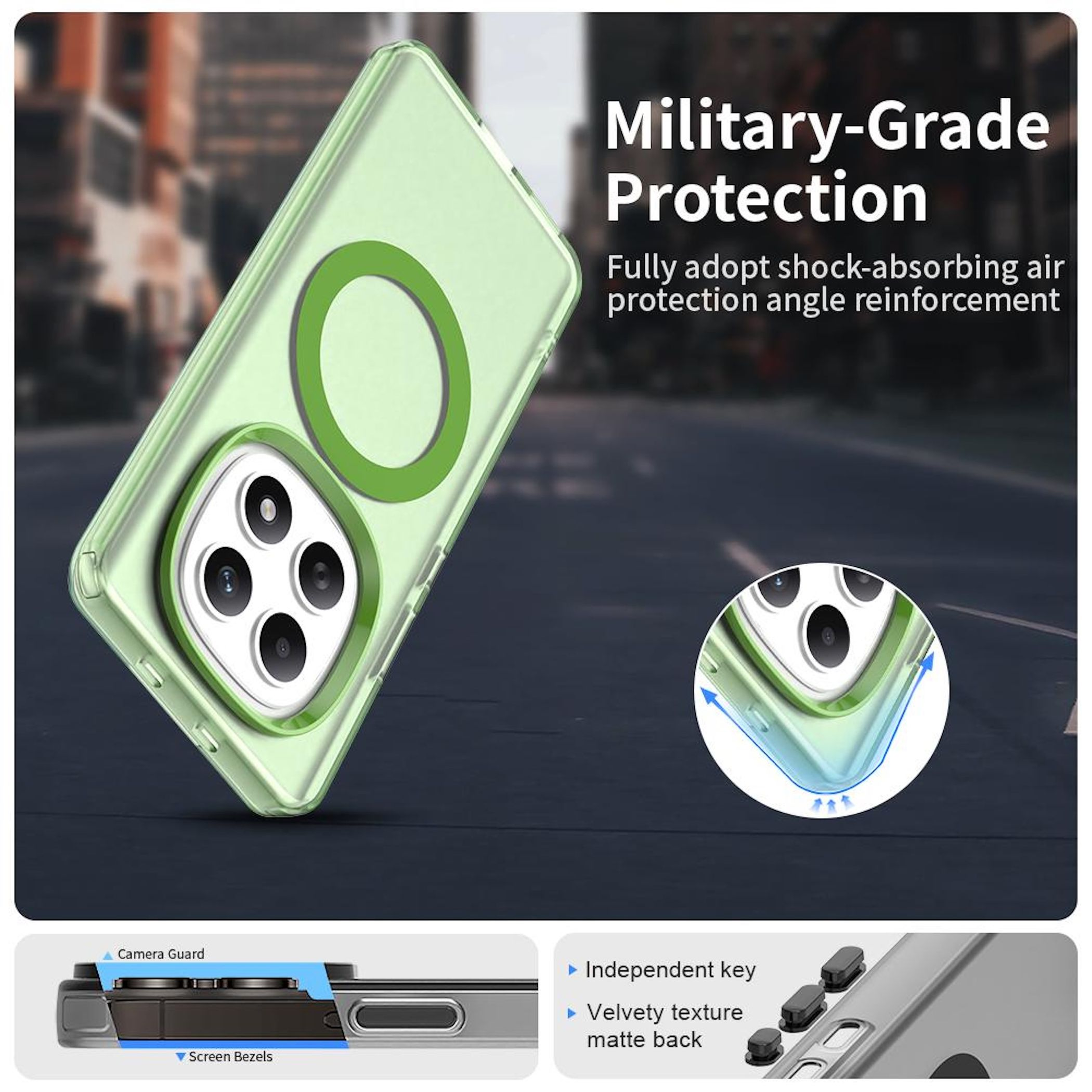 Se muestra una funda de teléfono con un anillo verde en la parte posterior. El texto dice 'Military-Grade Protection'.