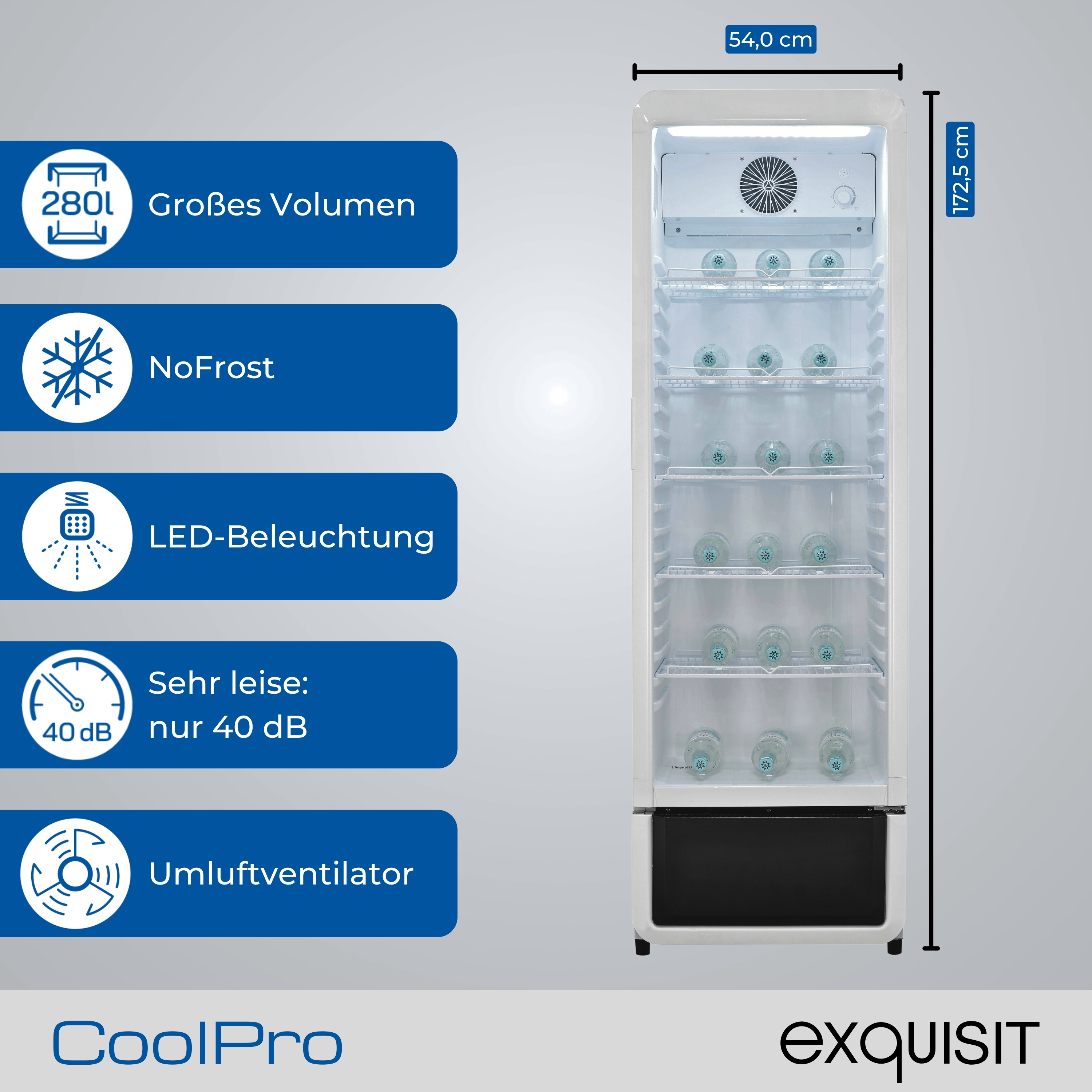 Ein weißer Kühlschrank mit Glasböden. Im Inneren sind Flaschen. Blaue Symbole links zeigen Funktionen.