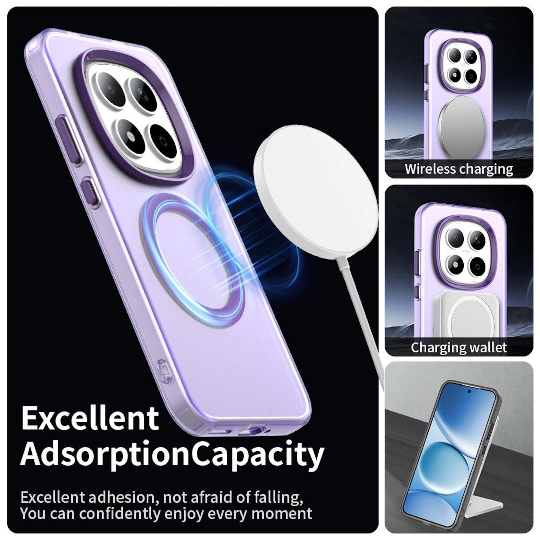 Se muestra una funda de teléfono con un anillo morado y un cargador inalámbrico. El texto describe la excelente capacidad de adsorción.