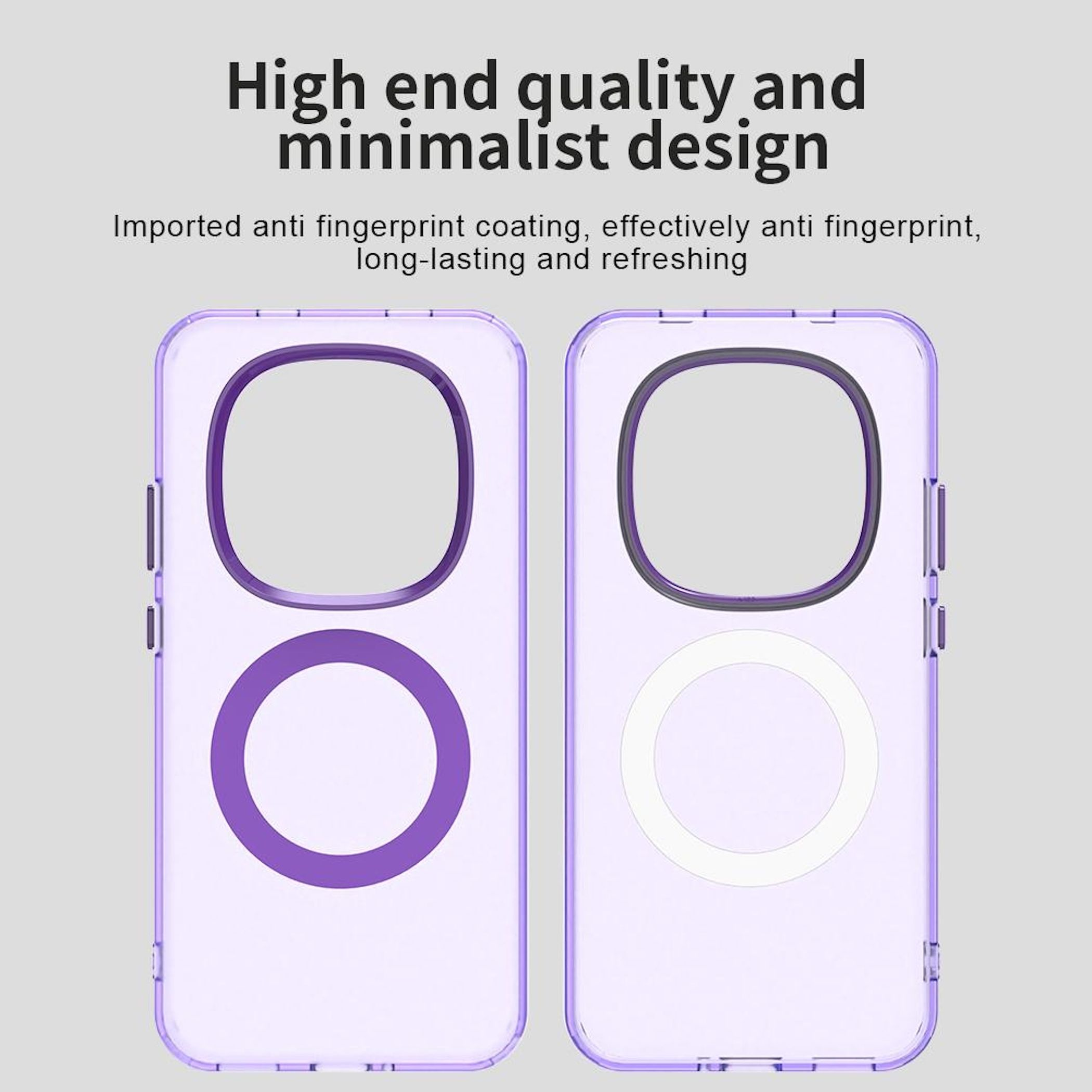 Dos fundas transparentes para teléfono con diseños circulares morados y blancos y superposición de texto.