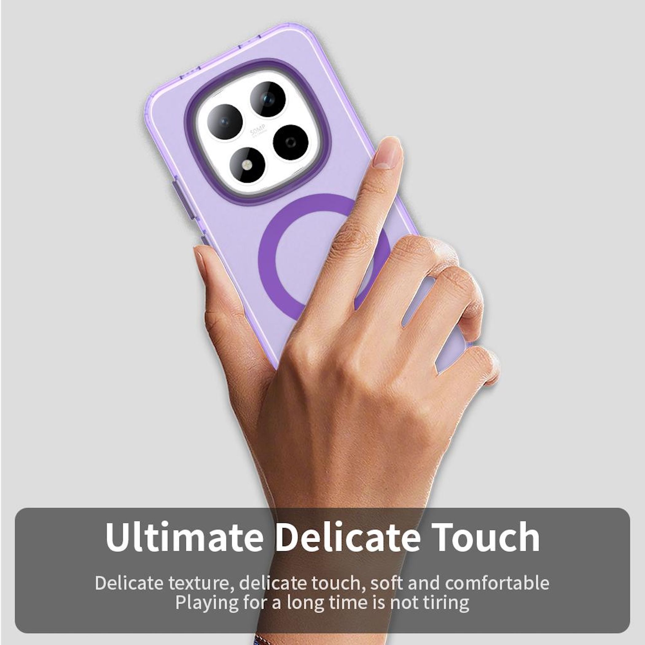 Una mano sosteniendo una funda de teléfono morada con un anillo y un cuadro de texto: Toque delicado definitivo.