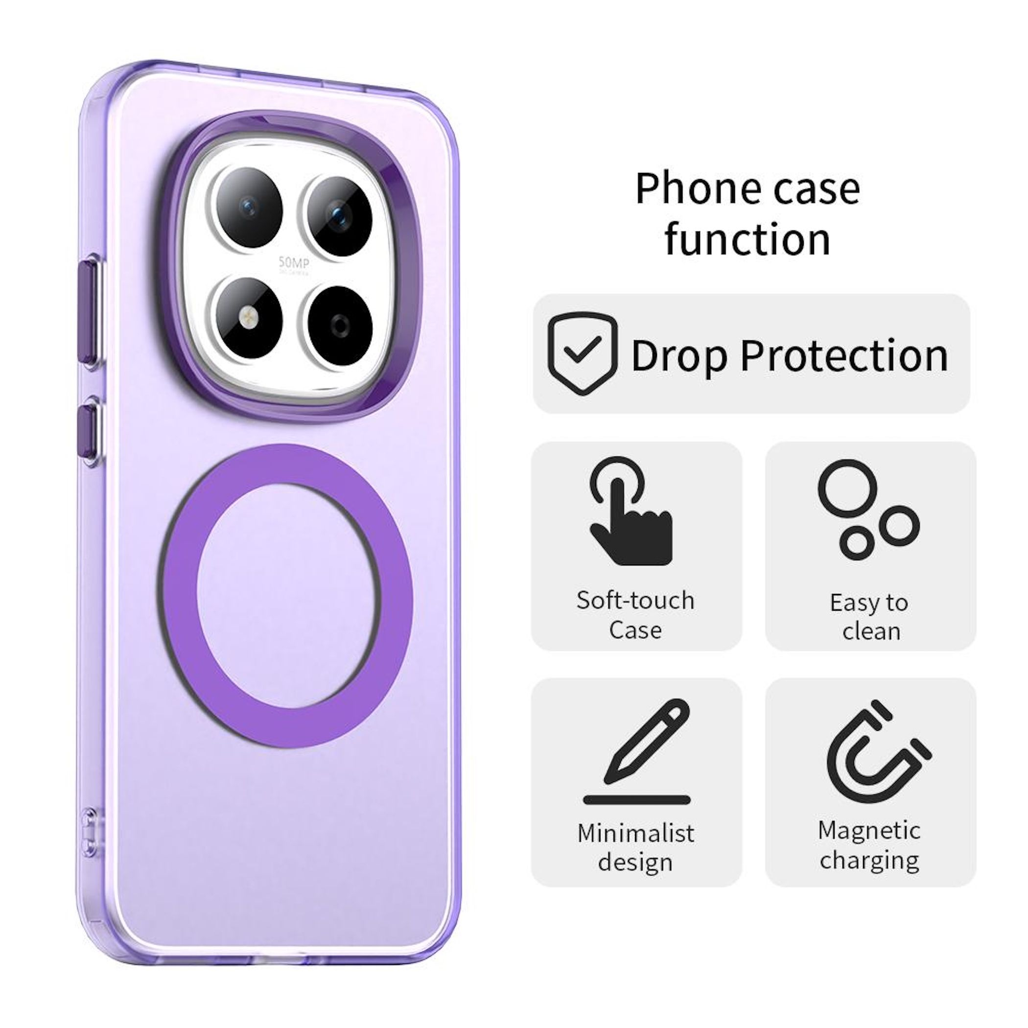 Una funda de teléfono con un anillo morado. Características: protección contra caídas, tacto suave, fácil de limpiar, diseño minimalista y carga magnética.