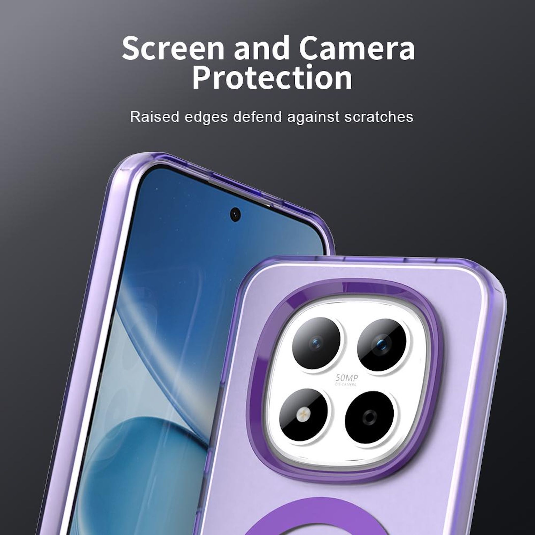 Un teléfono con una funda protectora. La funda es morada. El teléfono tiene protección de pantalla y cámara. Bordes elevados.
