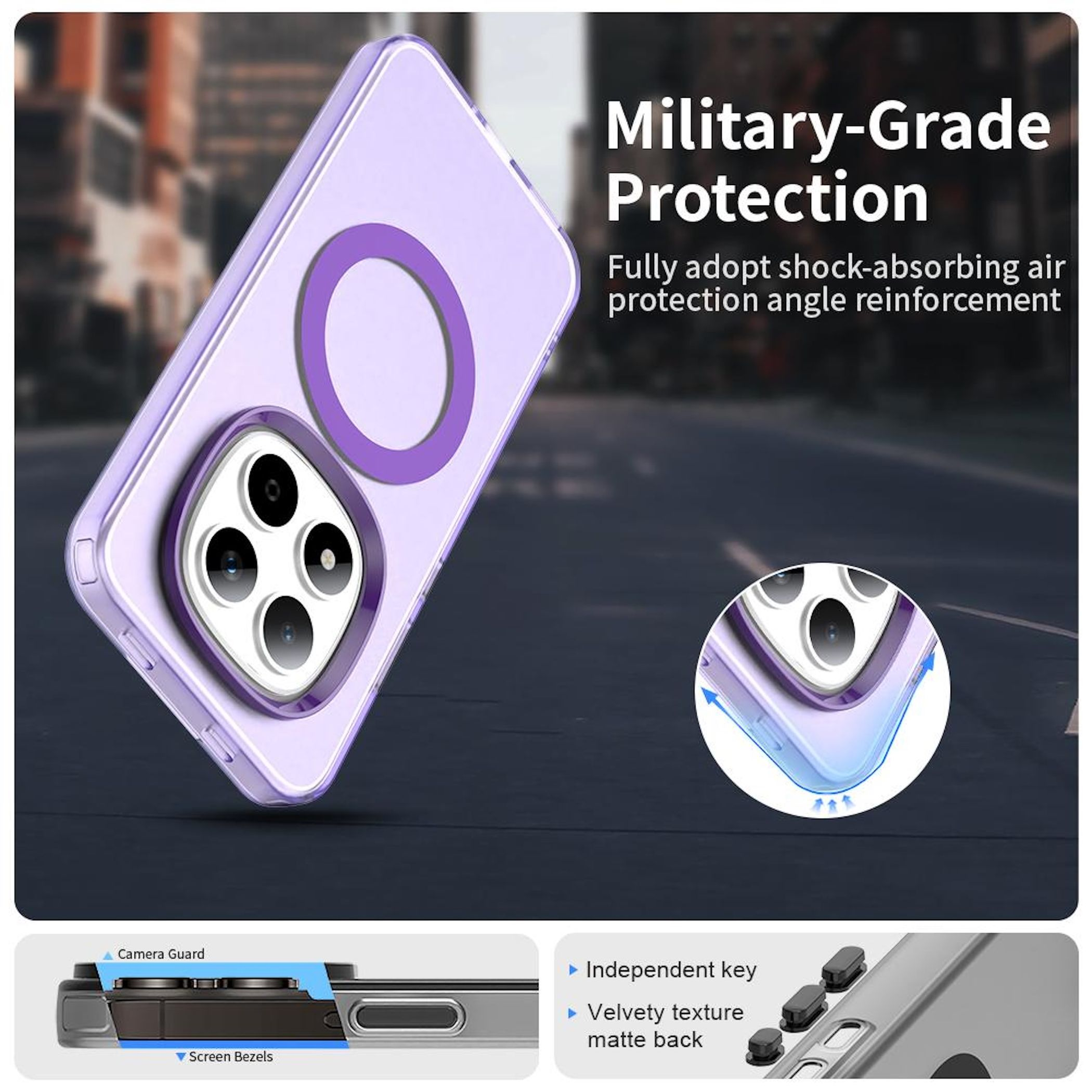 Se muestra una funda de teléfono, morada y transparente. Destaca las características de la funda, como protección y protector de cámara.
