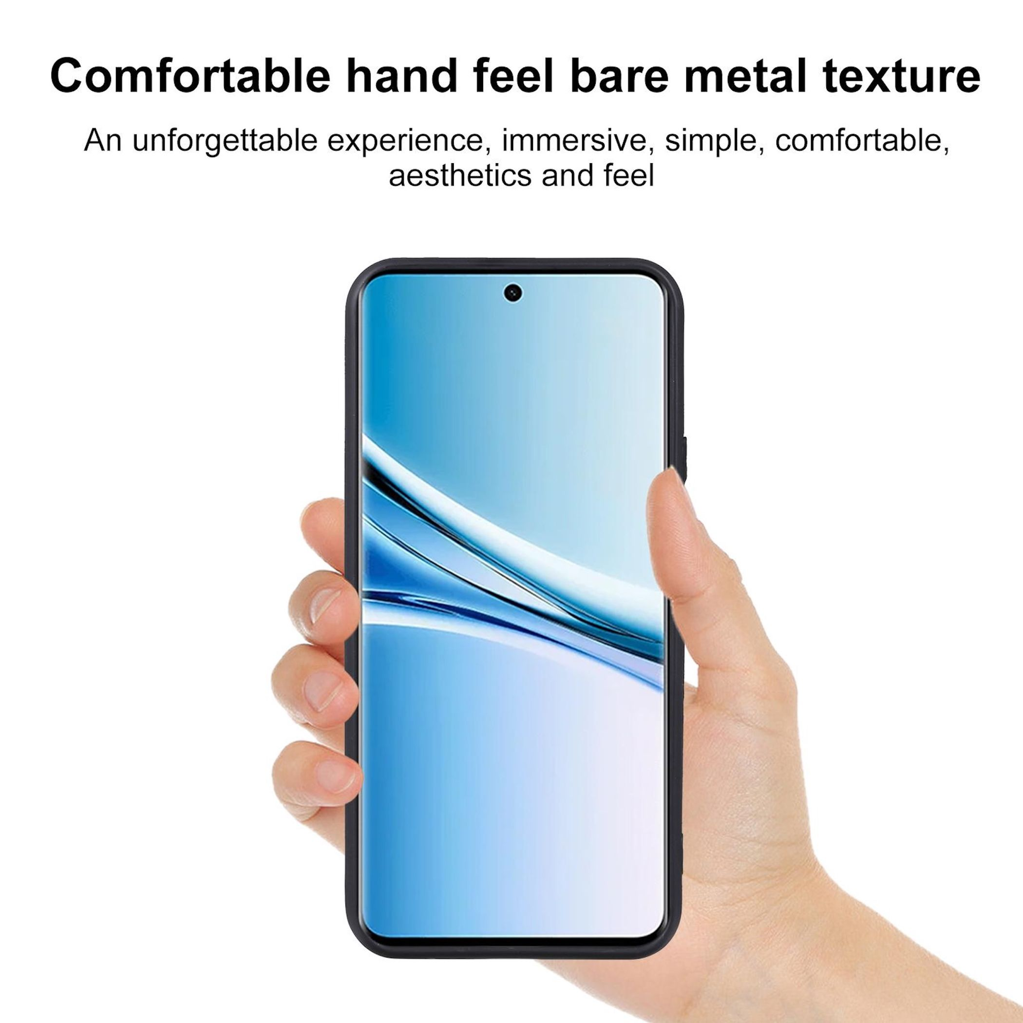 Eine Hand hält ein Smartphone. Der Bildschirm zeigt einen blauen Farbverlauf. Oben steht 'Angenehmes Handgefühl'.