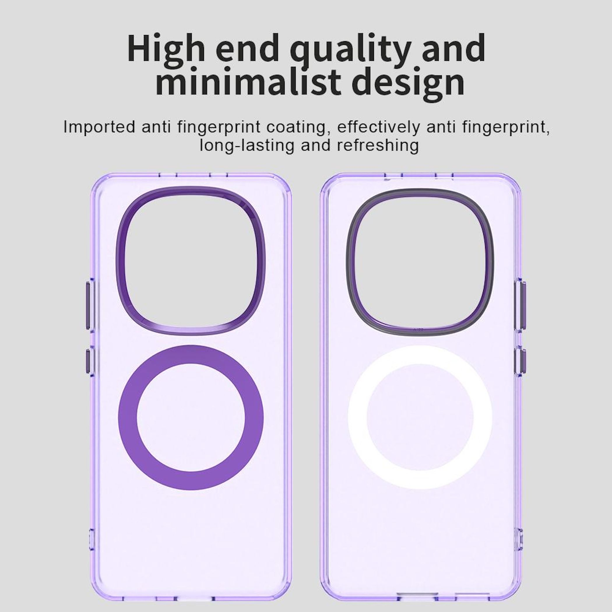 Zwei Handyhüllen mit lila und weißen Kreisen. Text-Overlay: Hochwertiges und minimalistisches Design.