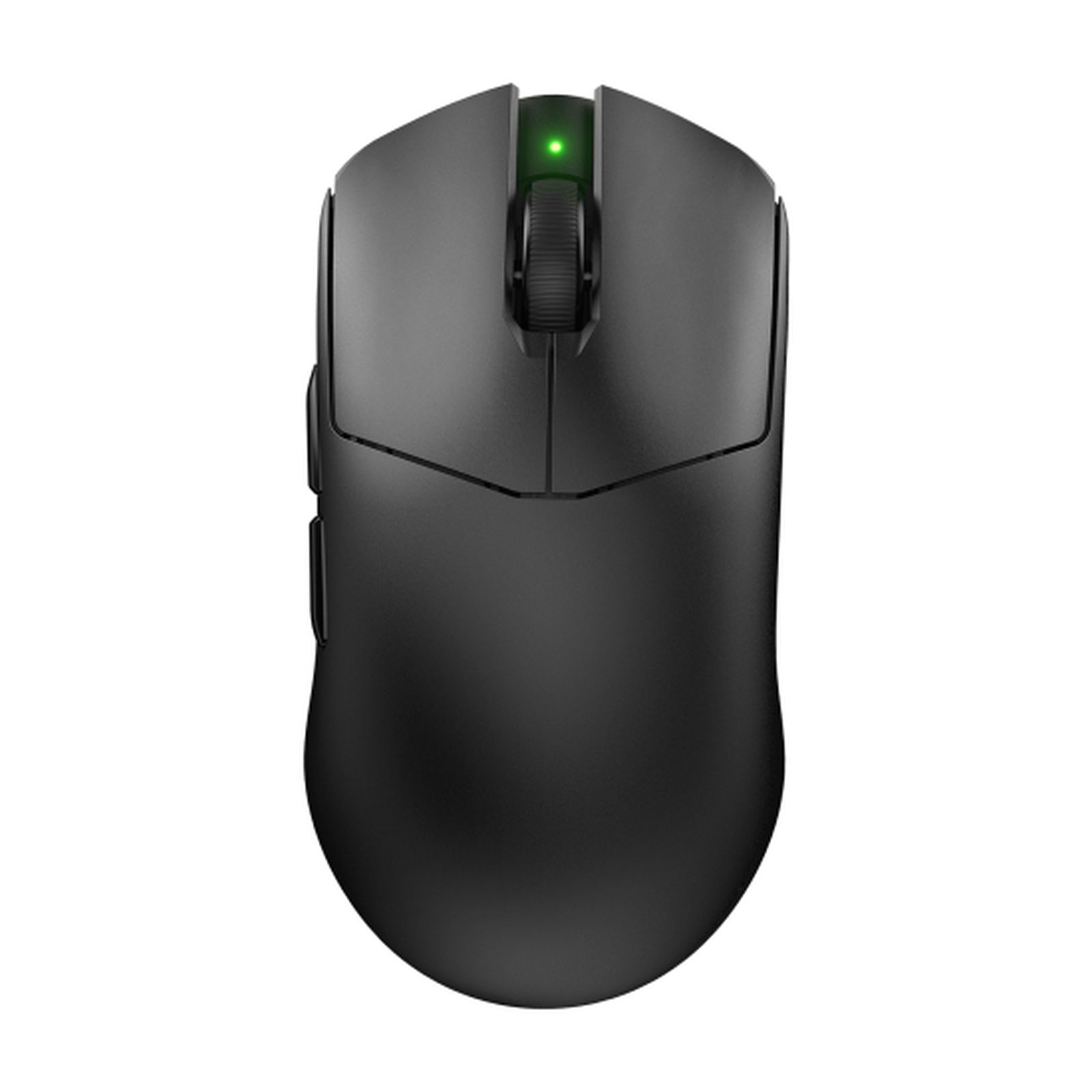 Un mouse per computer nero con rotella e pulsanti laterali. Ha una luce verde.