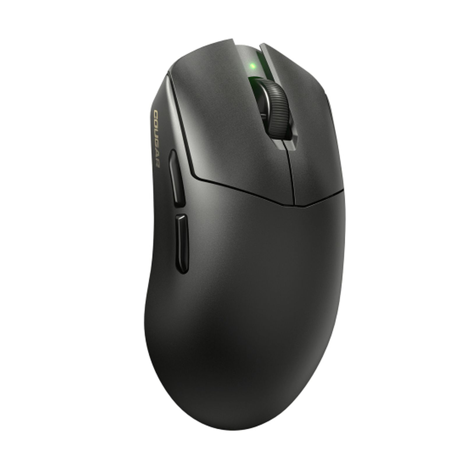 Un mouse da gioco Cougar nero. Ha una rotella, pulsanti laterali e una luce verde.