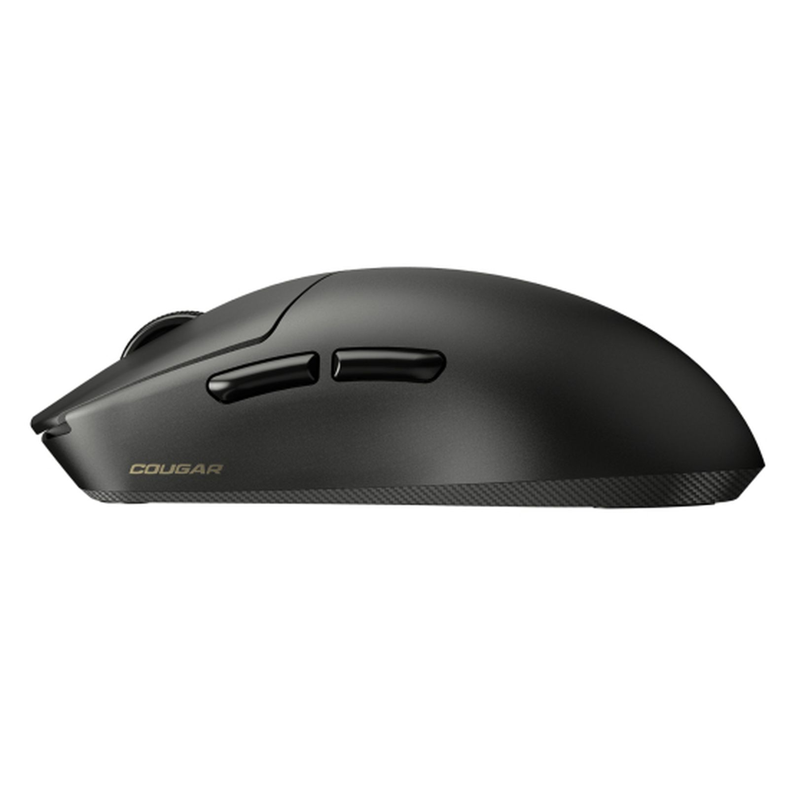 Un mouse da gioco Cougar nero, con pulsanti laterali e base strutturata, isolato su sfondo bianco.