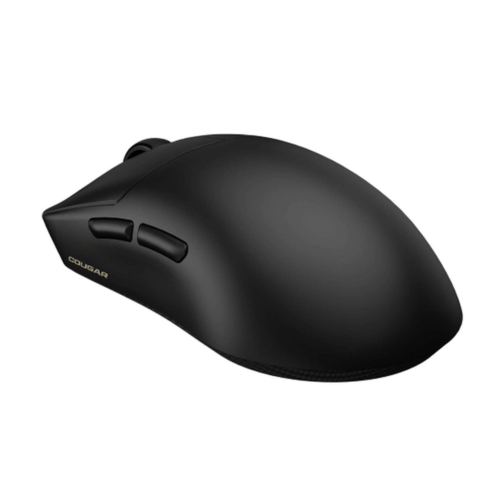 Un mouse da gioco Cougar nero. Ha due pulsanti laterali e una rotella. Il mouse è su sfondo bianco.